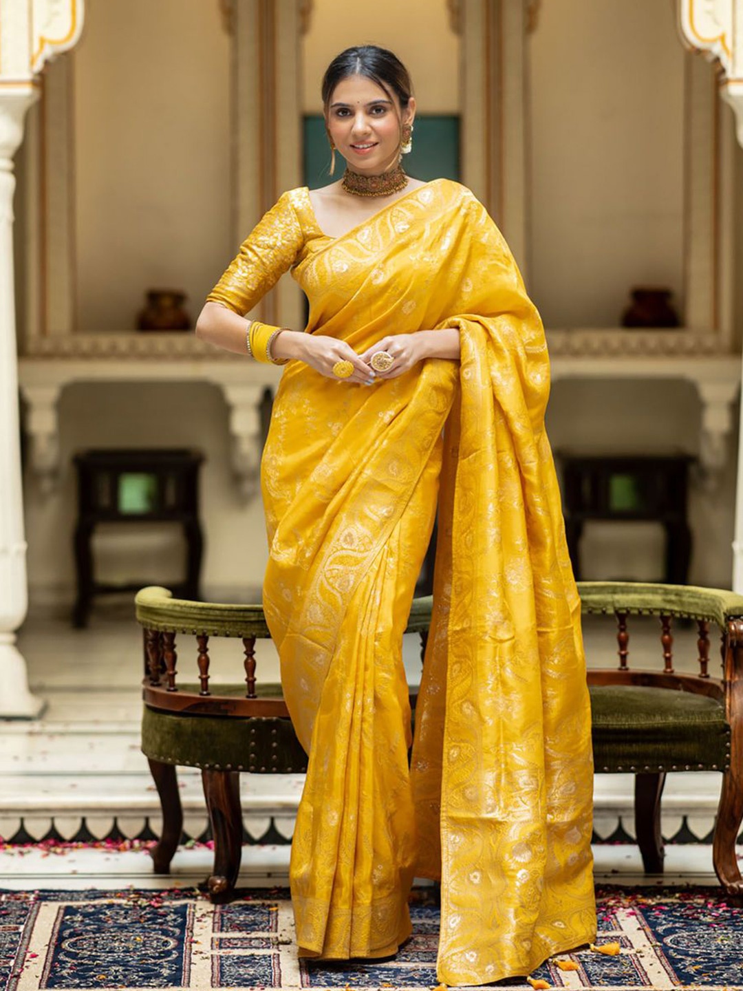 

KALINI Woven Design Zari Silk Blend Banarasi Saree, Yellow