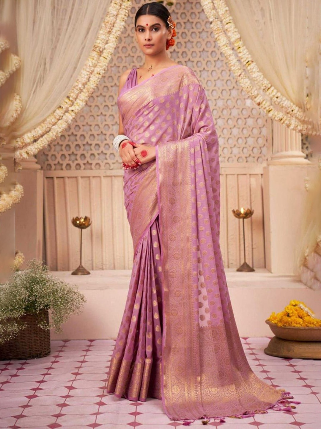 

KALINI Ethnic Motifs Zari Silk Blend Banarasi Saree, Pink