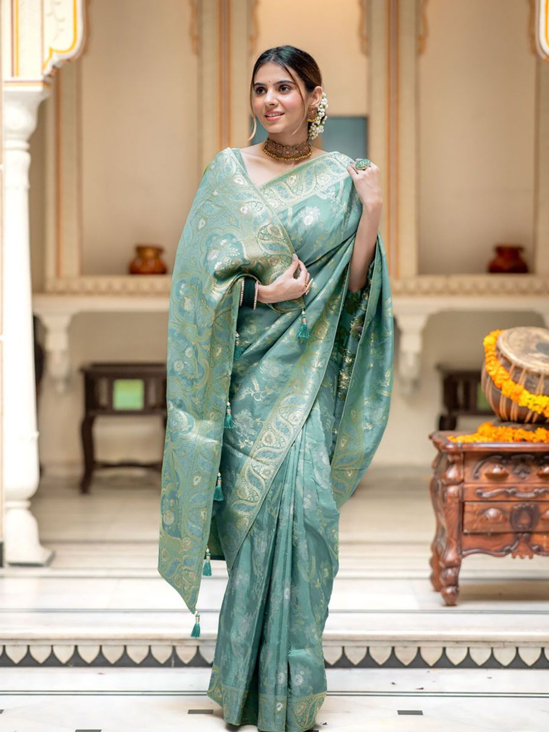 

KALINI Woven Design Zari Silk Blend Banarasi Saree, Blue