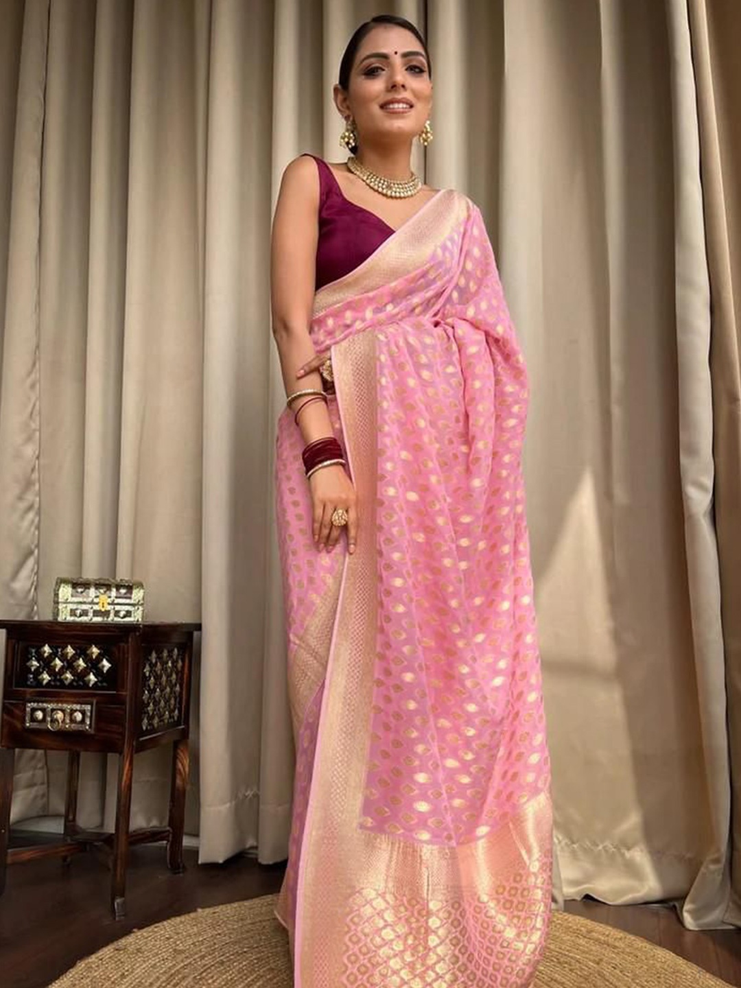 

KALINI Woven Design Zari Silk Blend Banarasi Saree, Pink