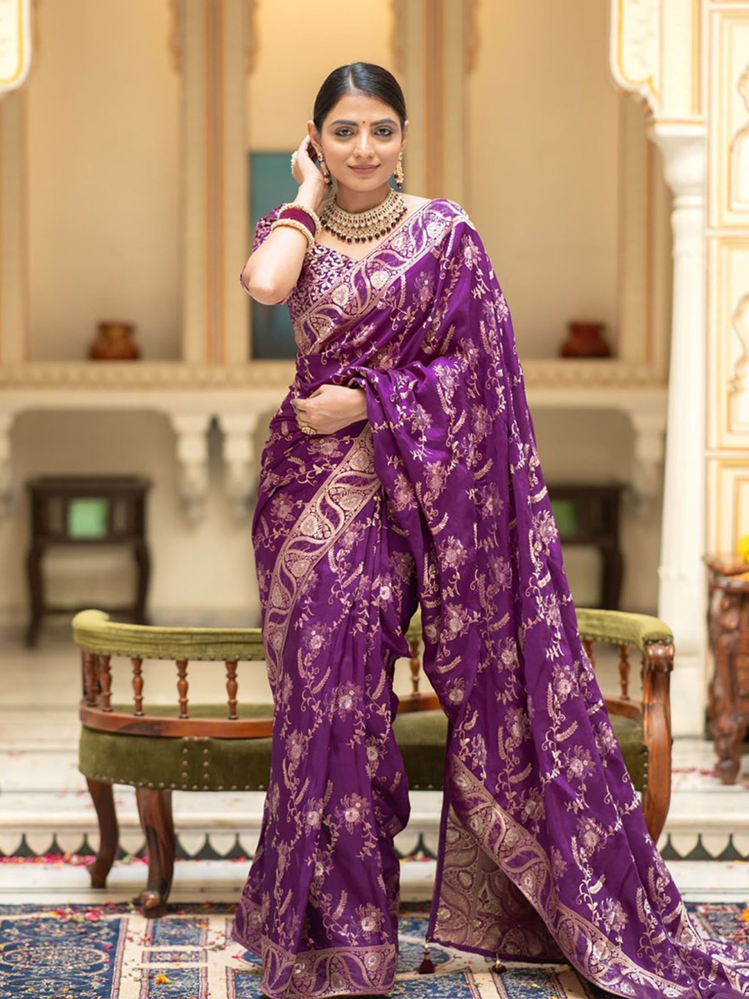 

KALINI Woven Design Zari Silk Blend Banarasi Saree, Purple