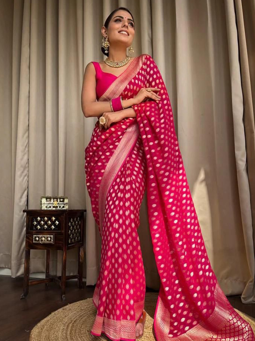 

KALINI Ethnic Motifs Zari Silk Blend Banarasi Saree, Purple