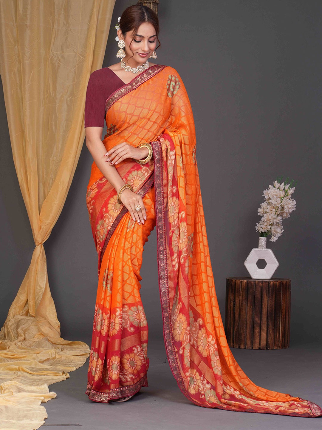 

EMV Floral Pure Chiffon Saree, Orange