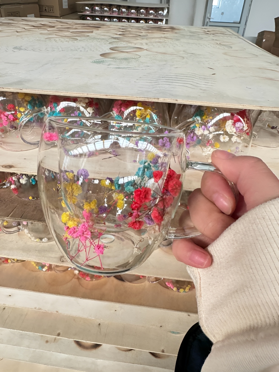 

MARKQUES Borosilicate Double Wall Glass Coffee Mug with Dry Flowers, Transparent
