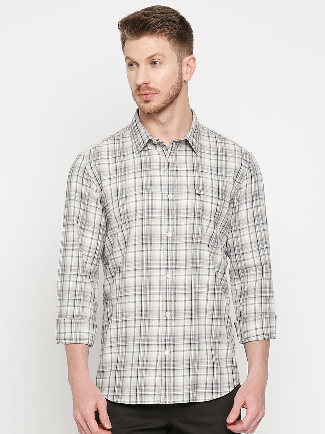 

Basics Men Comfort Slim Fit Tartan Checks Opaque Checked Casual Shirt, Beige