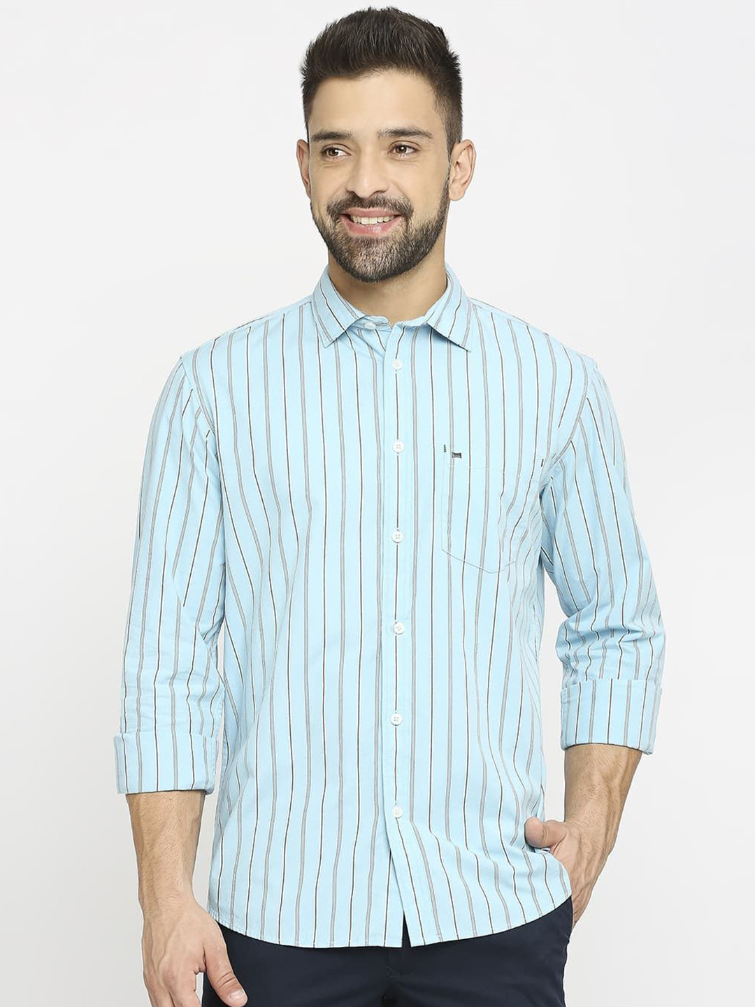 

Basics Men Comfort Slim Fit Opaque Striped Casual Shirt, Blue