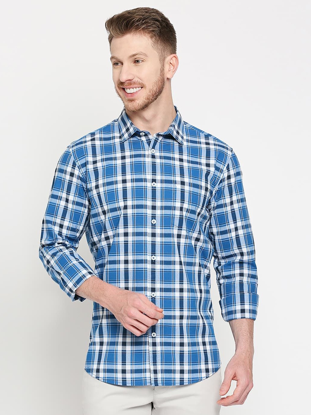 

Basics Men Comfort Slim Fit Gingham Checks Opaque Checked Casual Shirt, Blue