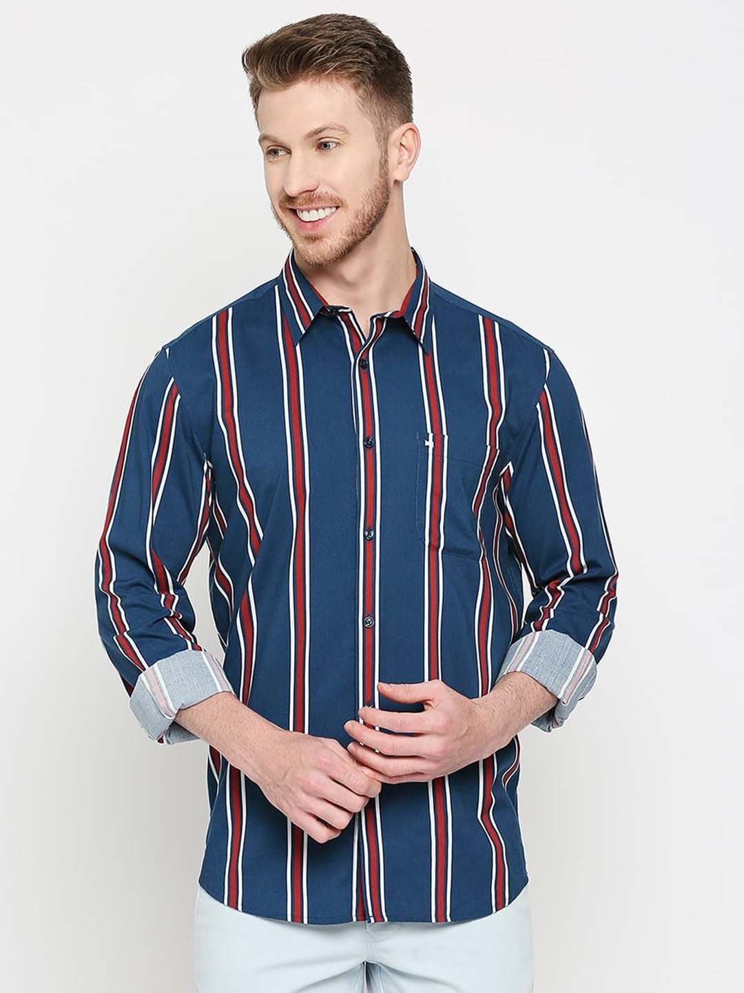 

Basics Men Comfort Slim Fit Multi Stripes Opaque Striped Casual Shirt, Navy blue