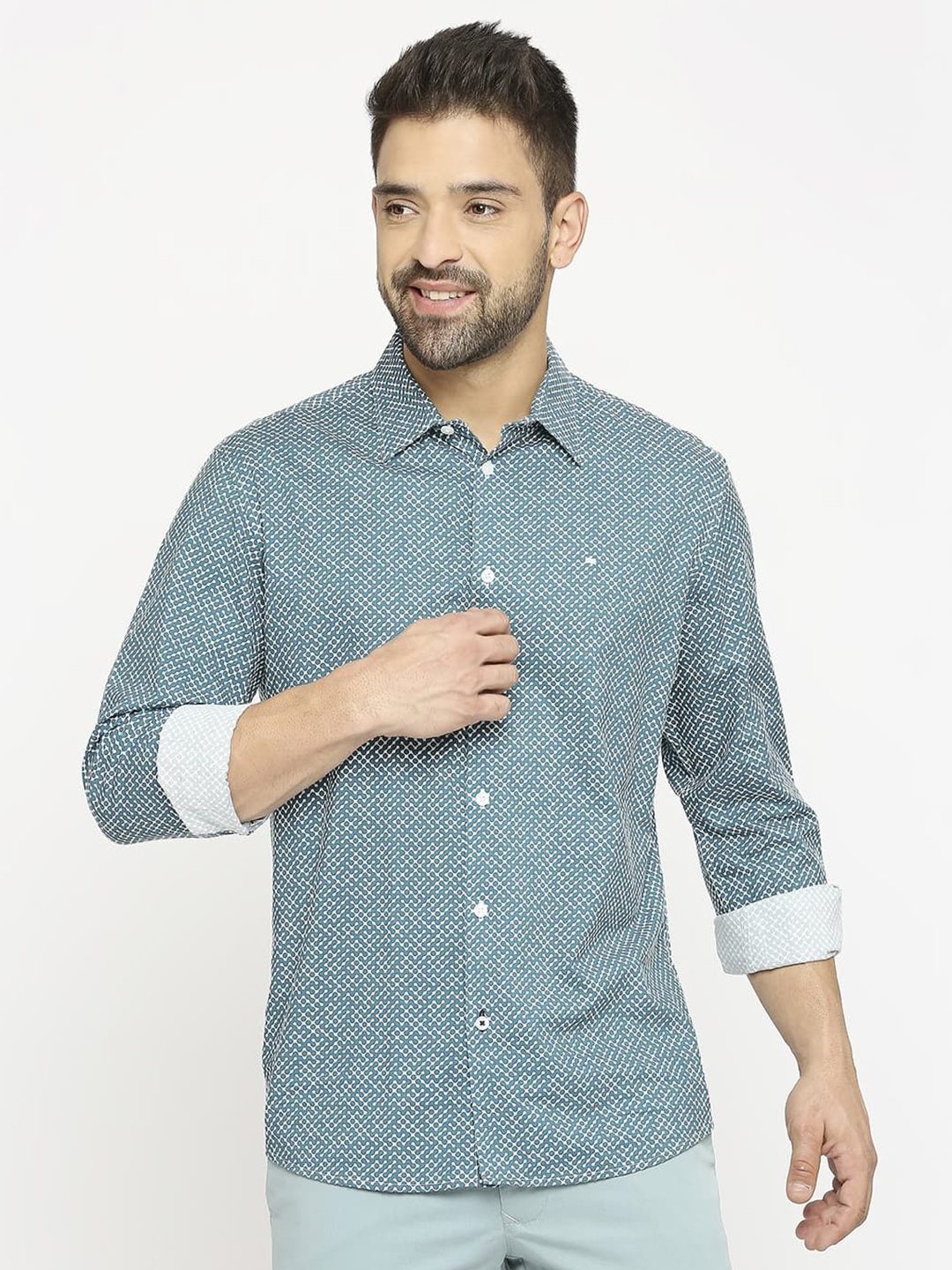 

Basics Men Comfort Slim Fit Opaque Printed Casual Shirt, Teal