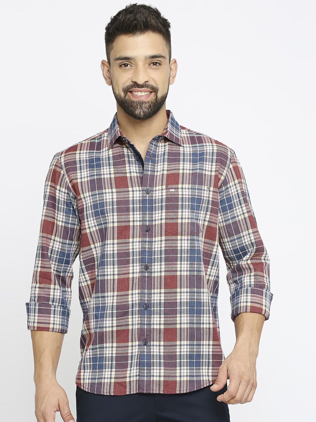 

Basics Men Comfort Slim Fit Tartan Checks Opaque Checked Casual Shirt, Red