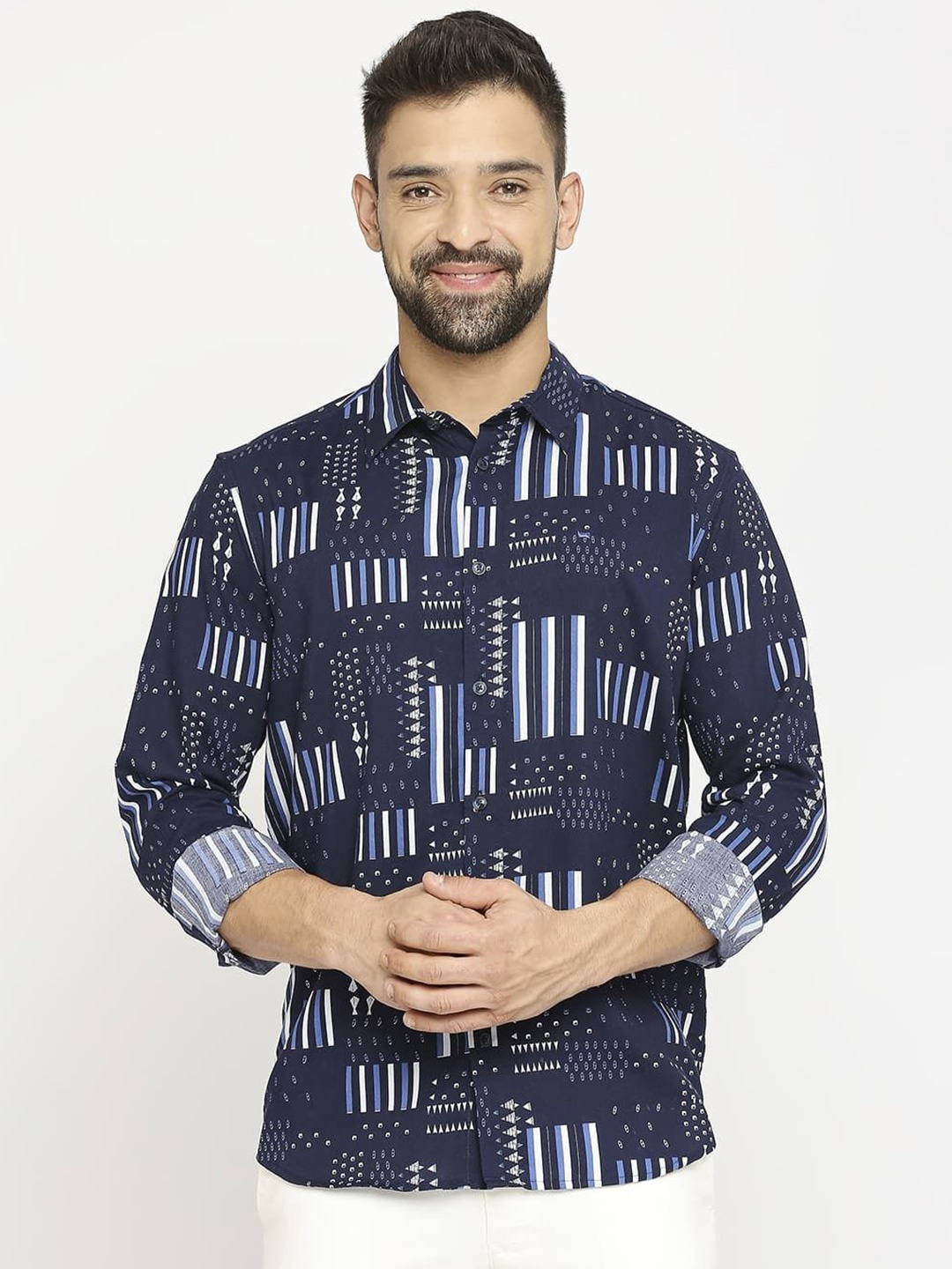 

Basics Men Comfort Slim Fit Opaque Printed Casual Shirt, Navy blue