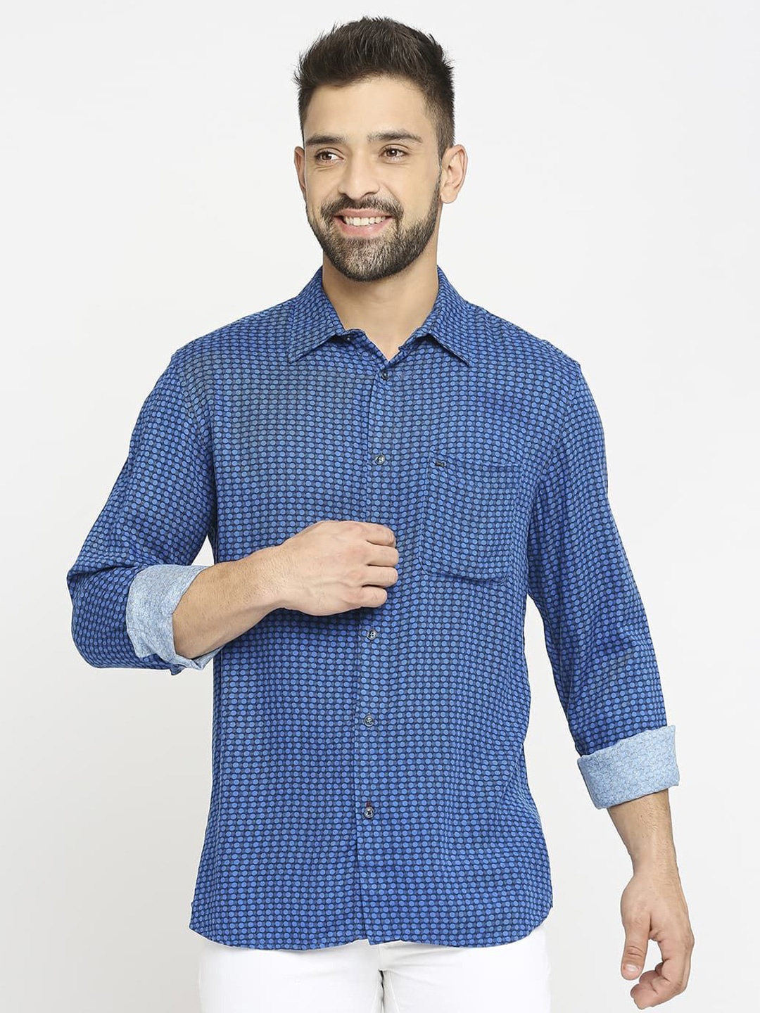 

Basics Men Comfort Slim Fit Opaque Printed Casual Shirt, Blue