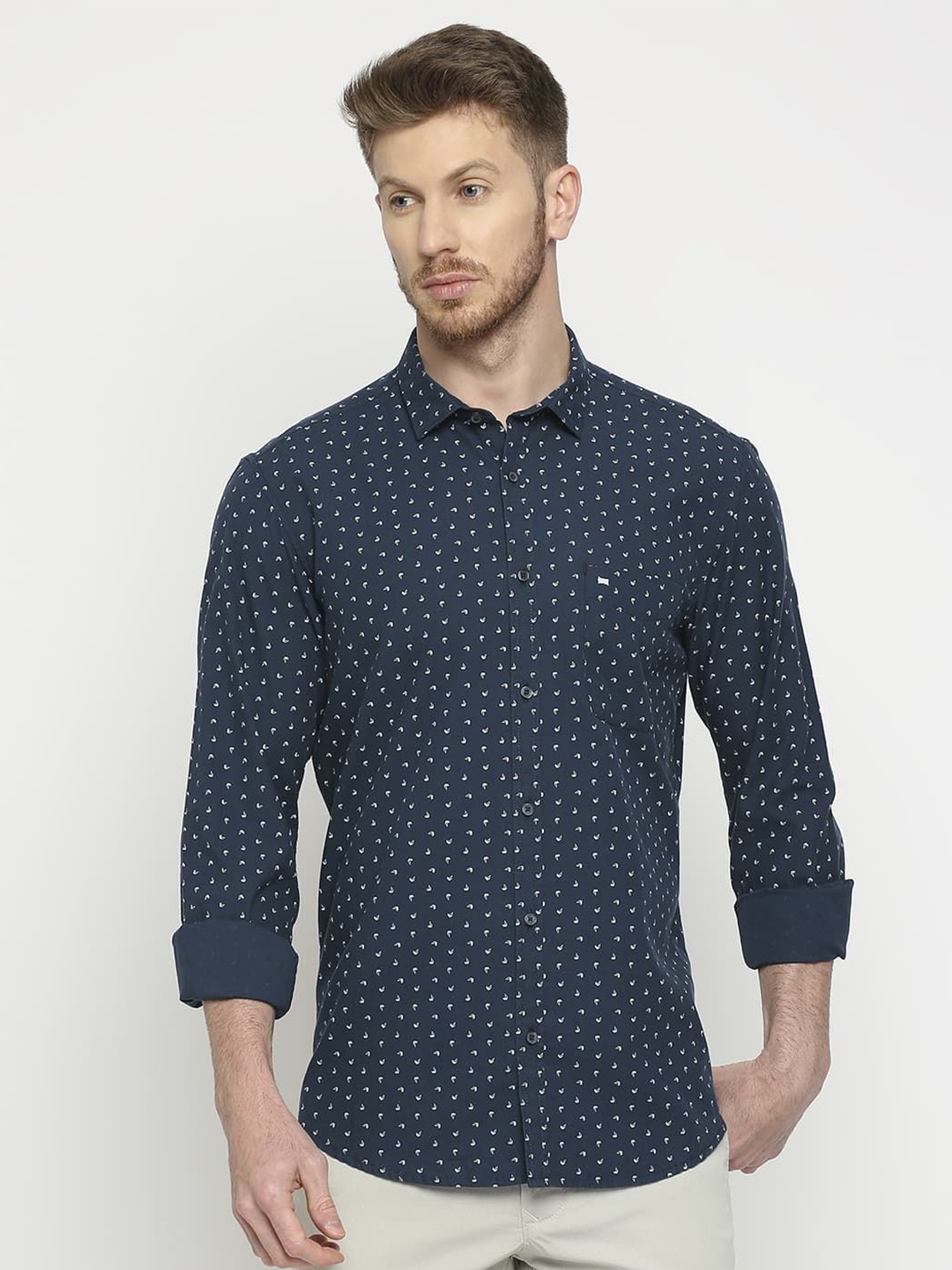 

Basics Men Comfort Slim Fit Opaque Printed Casual Shirt, Navy blue