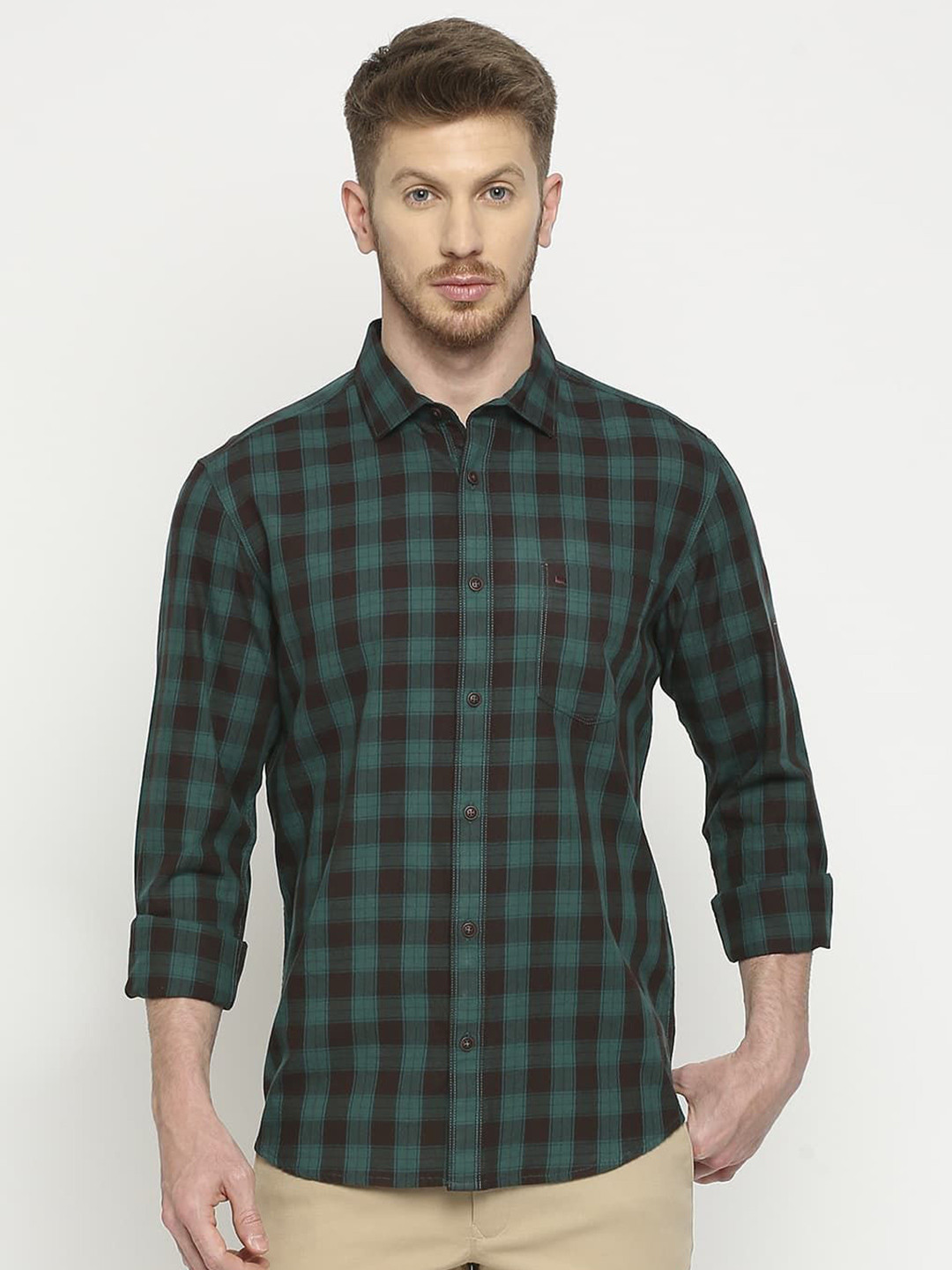 

Basics Men Comfort Slim Fit Shepherd Checks Opaque Checked Casual Shirt, Green