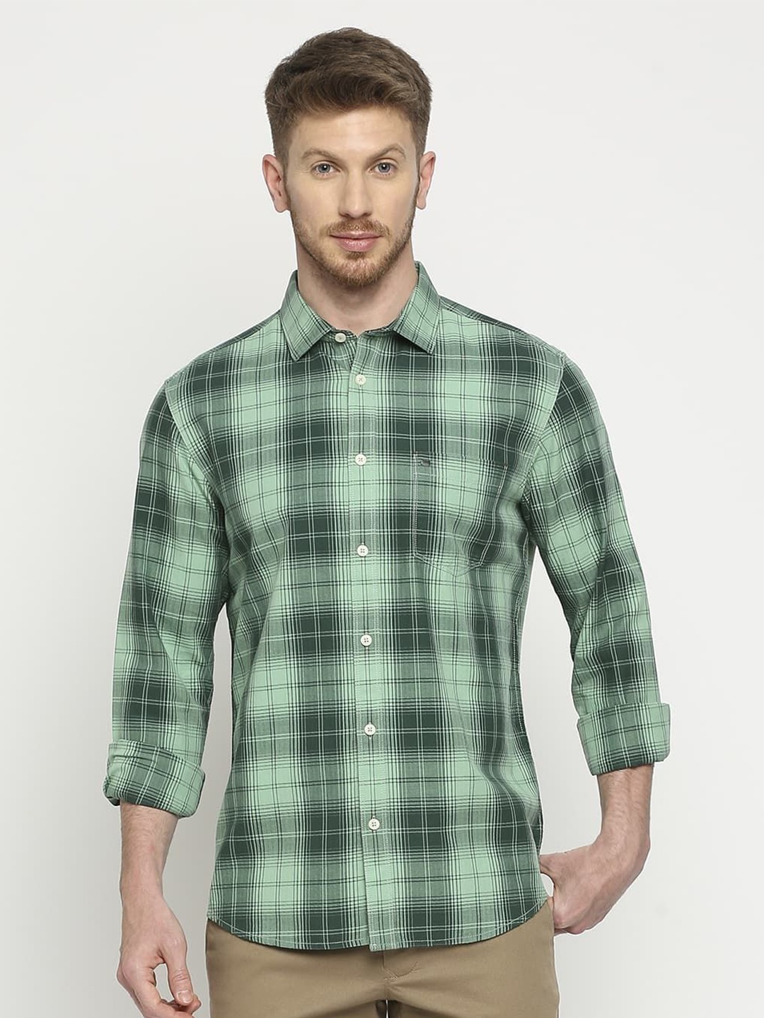 

Basics Men Comfort Slim Fit Tartan Checks Opaque Checked Casual Shirt, Green