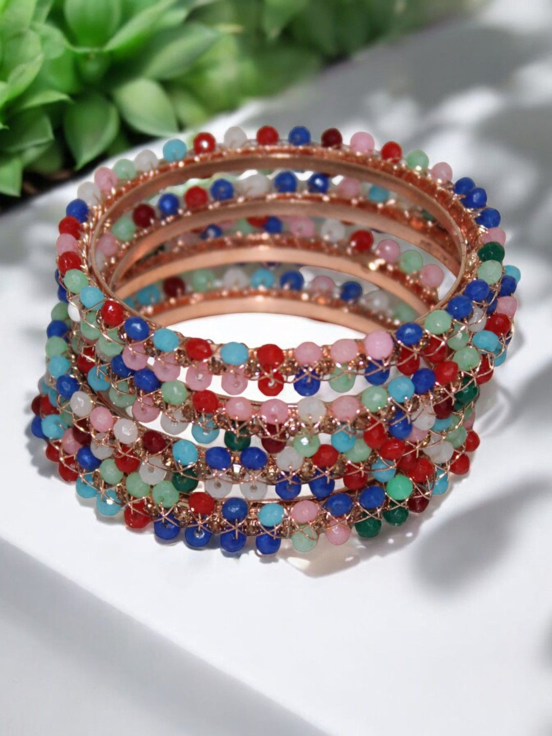 

Jolly Faces Set Of 4 Beaded Bangles, Gold