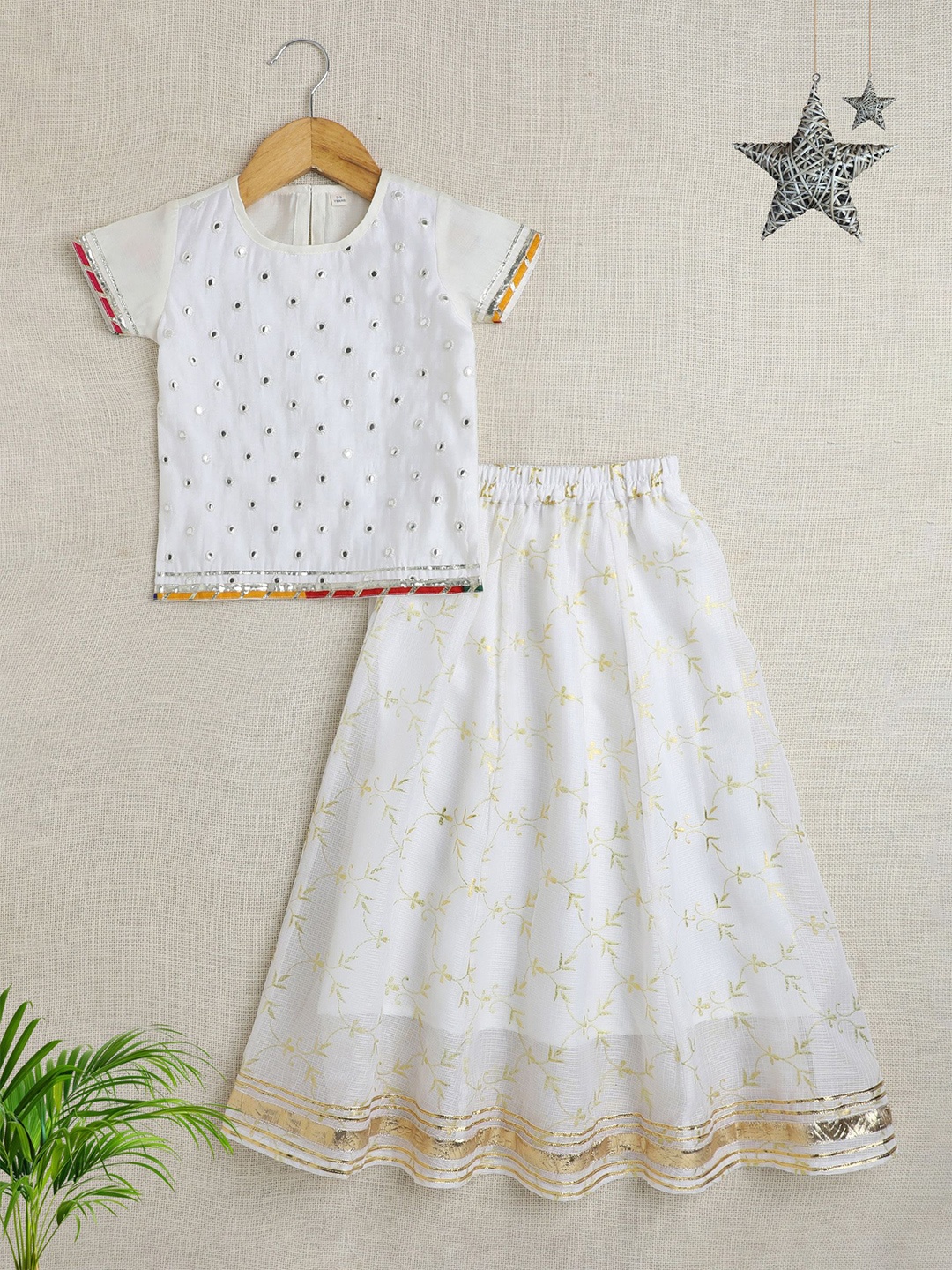 

The Magic Wand Girls Embroidered Mirror Work Ready to Wear Lehenga &, Off white