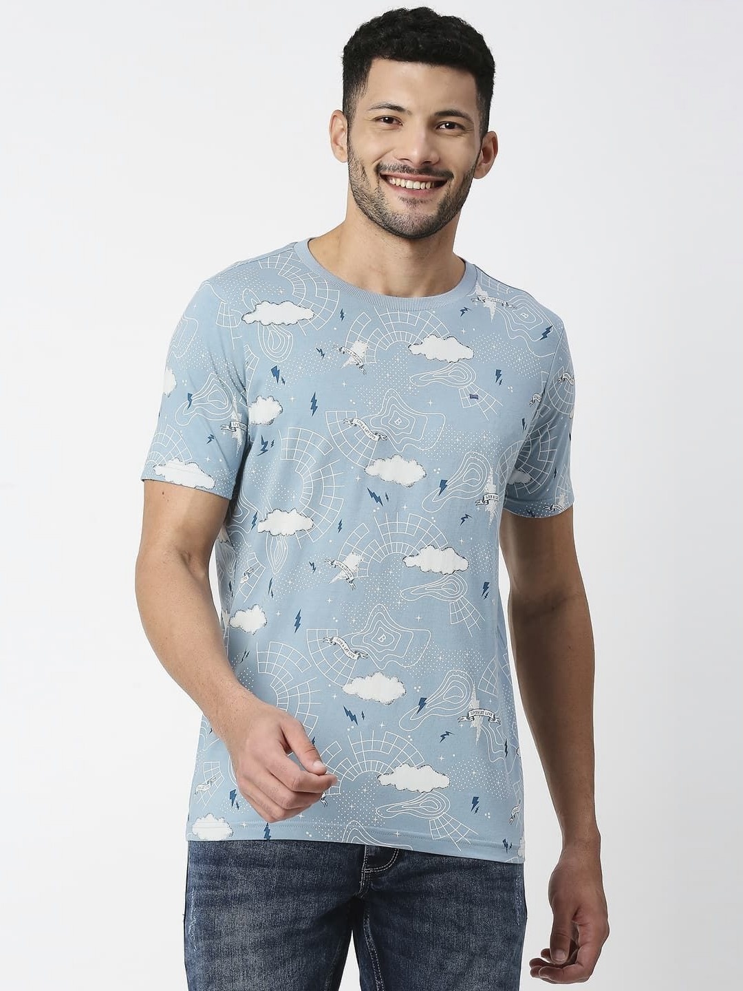 

Basics Men Printed Drop-Shoulder Sleeves Boxy T-shirt, Blue