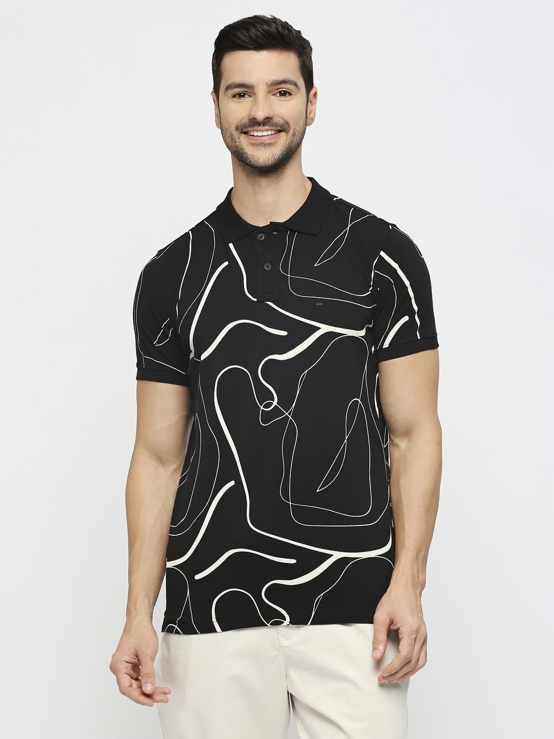 

Basics Men Printed Polo Collar Monochrome Boxy T-shirt, Black