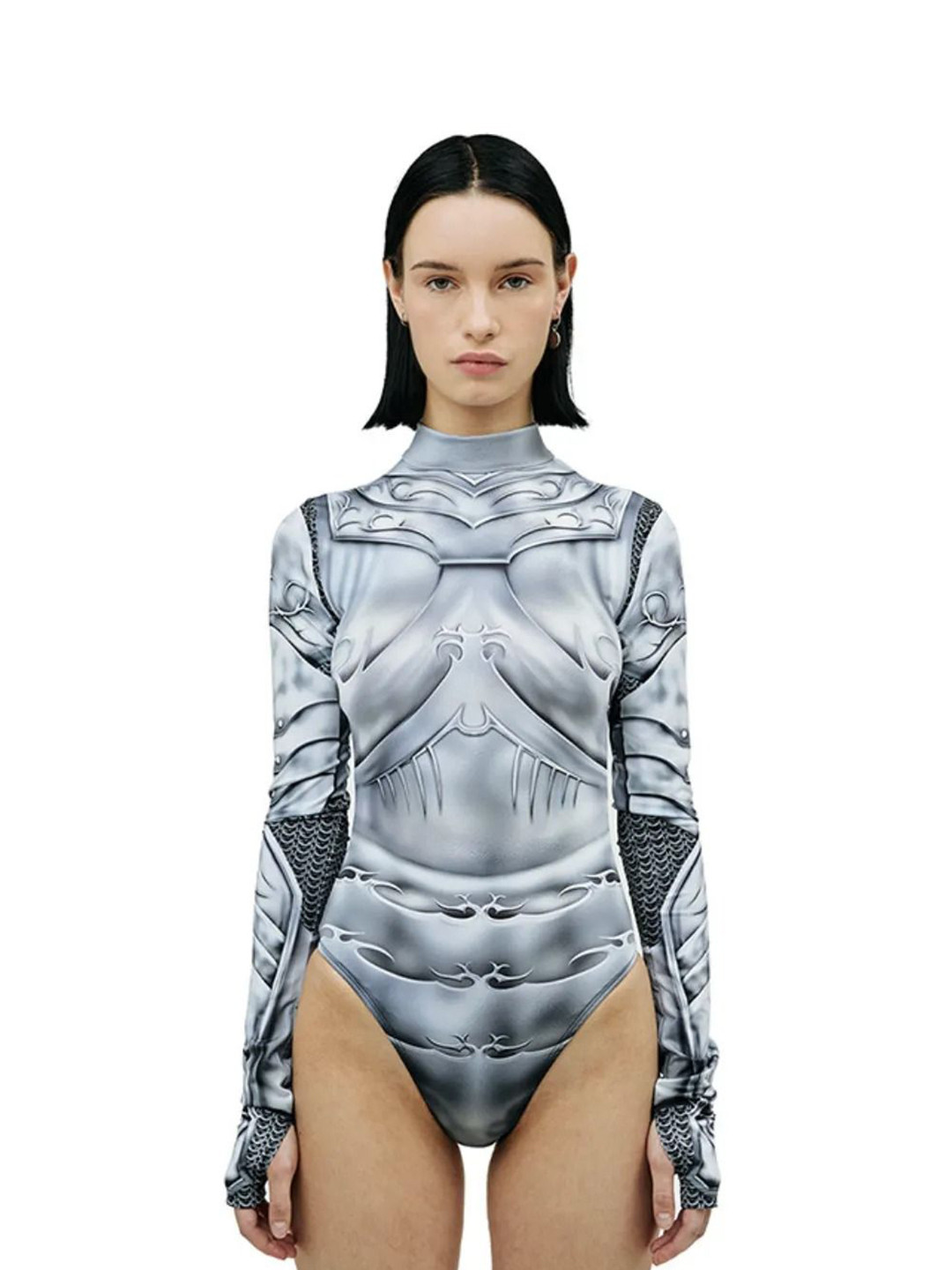 

SUPERVINTAGE Printed Round Neck Bodysuit, Grey
