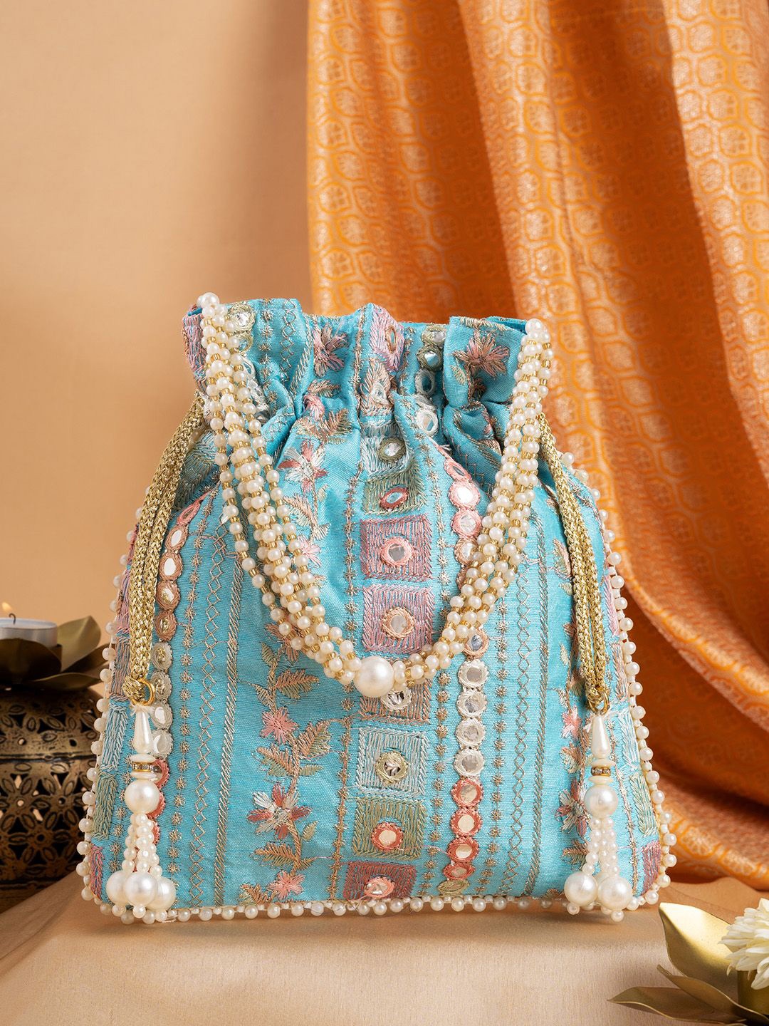 

TEEJH Embroidered Potli Clutch, Blue