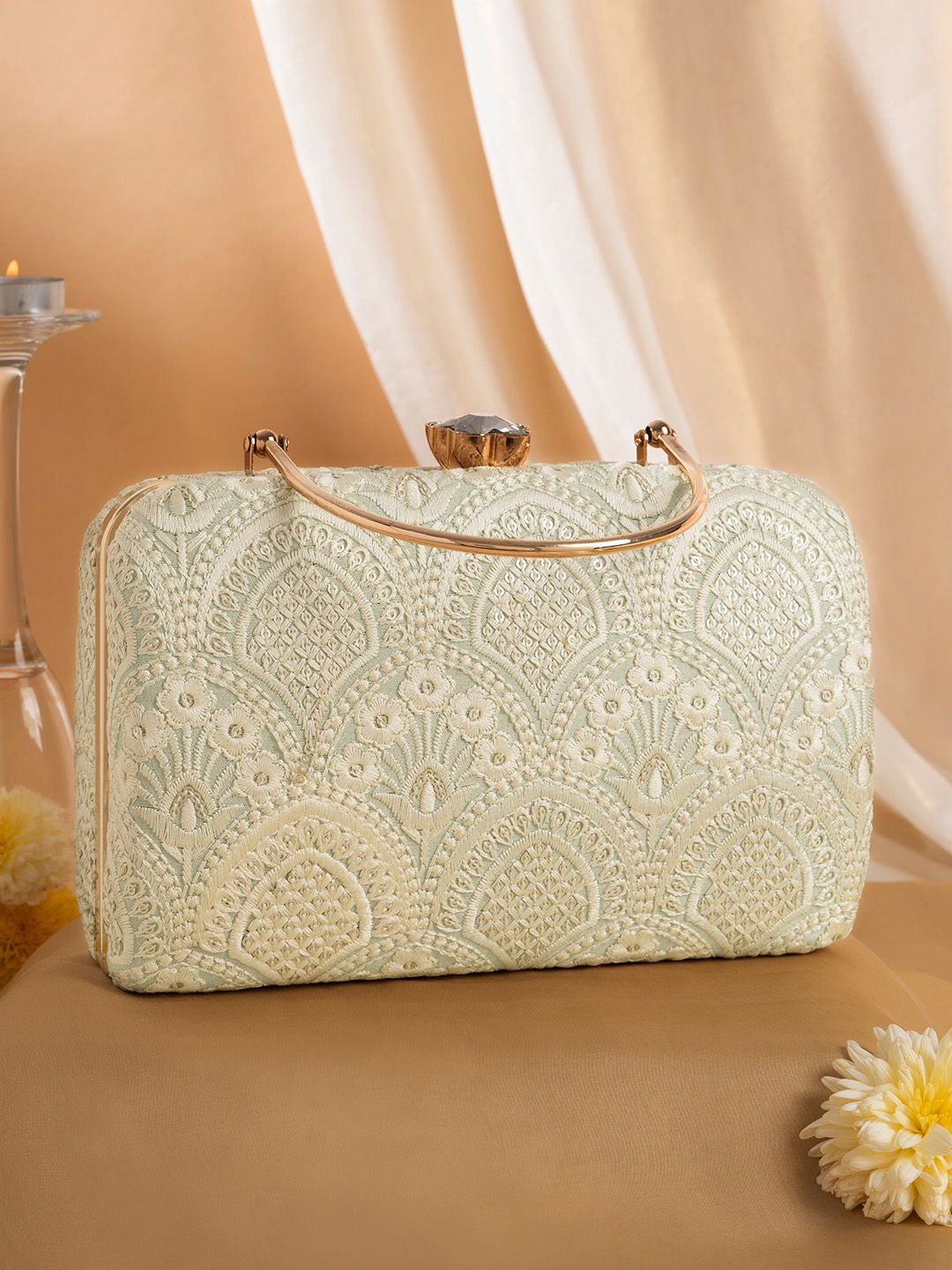 

TEEJH Embroidered Box Clutch, Cream