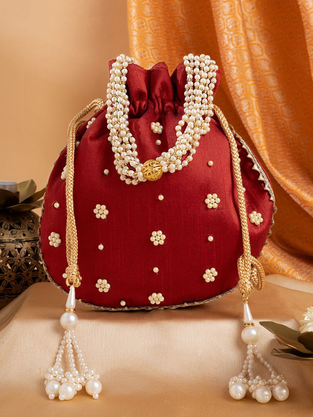 

TEEJH Embroidered Potli Clutch, Maroon