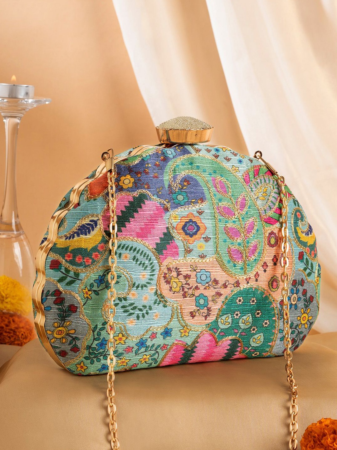 

TEEJH Embellished Box Clutch, Green