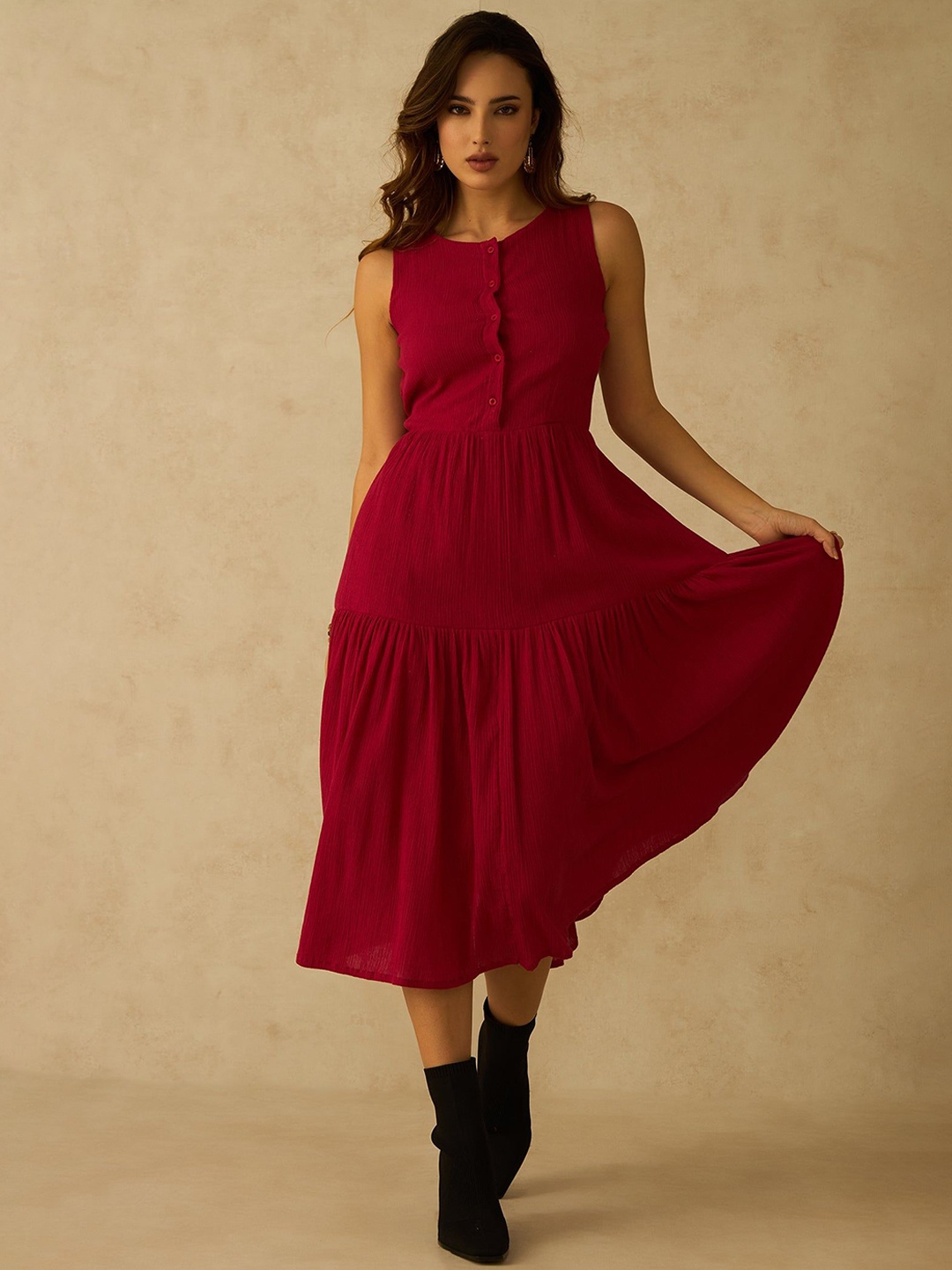 

Virgio Women Cotton Round Neck Maxi Length Solid Sleeveless Dress, Red