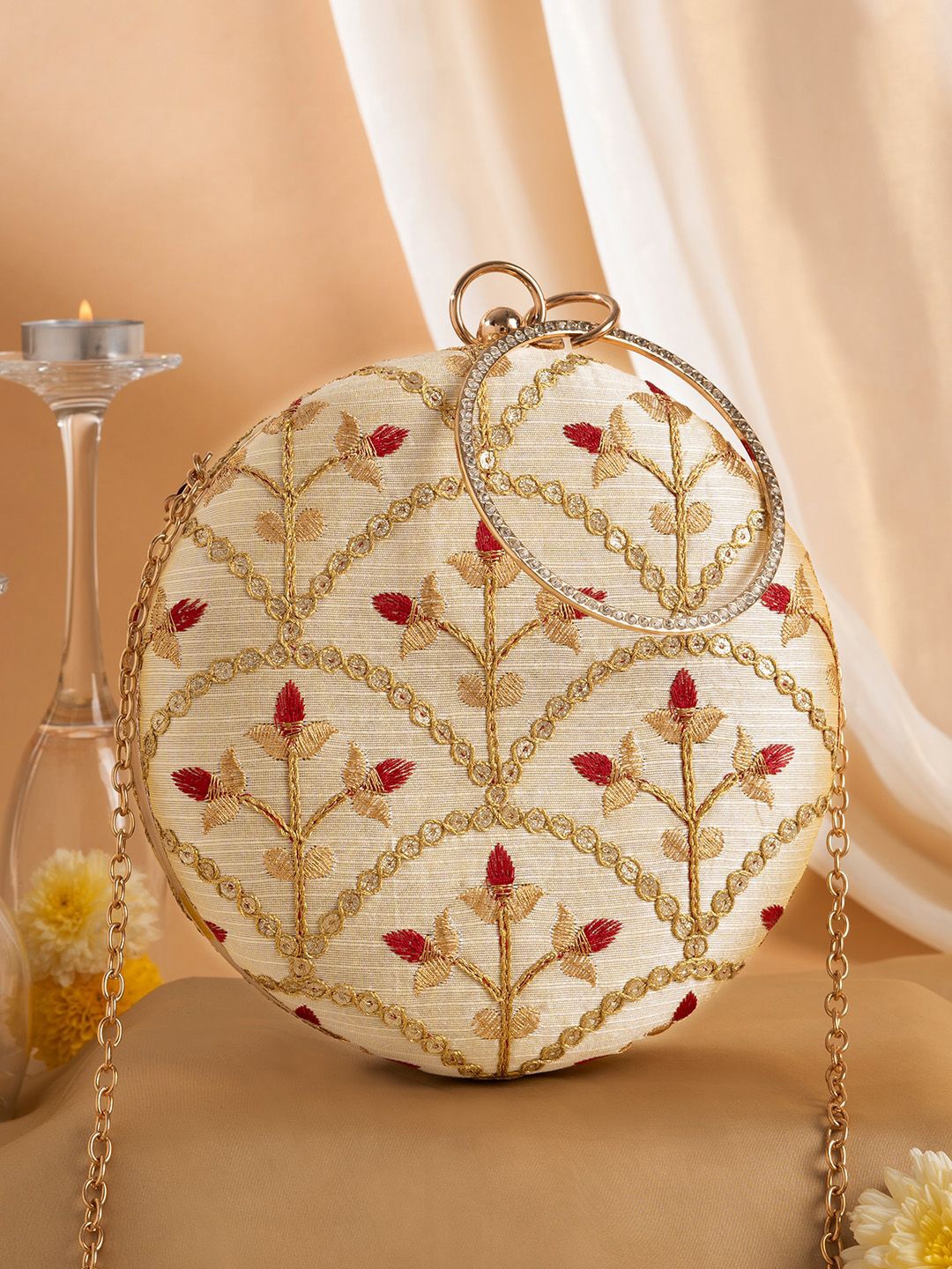 

TEEJH Embroidered Box Clutch, Cream