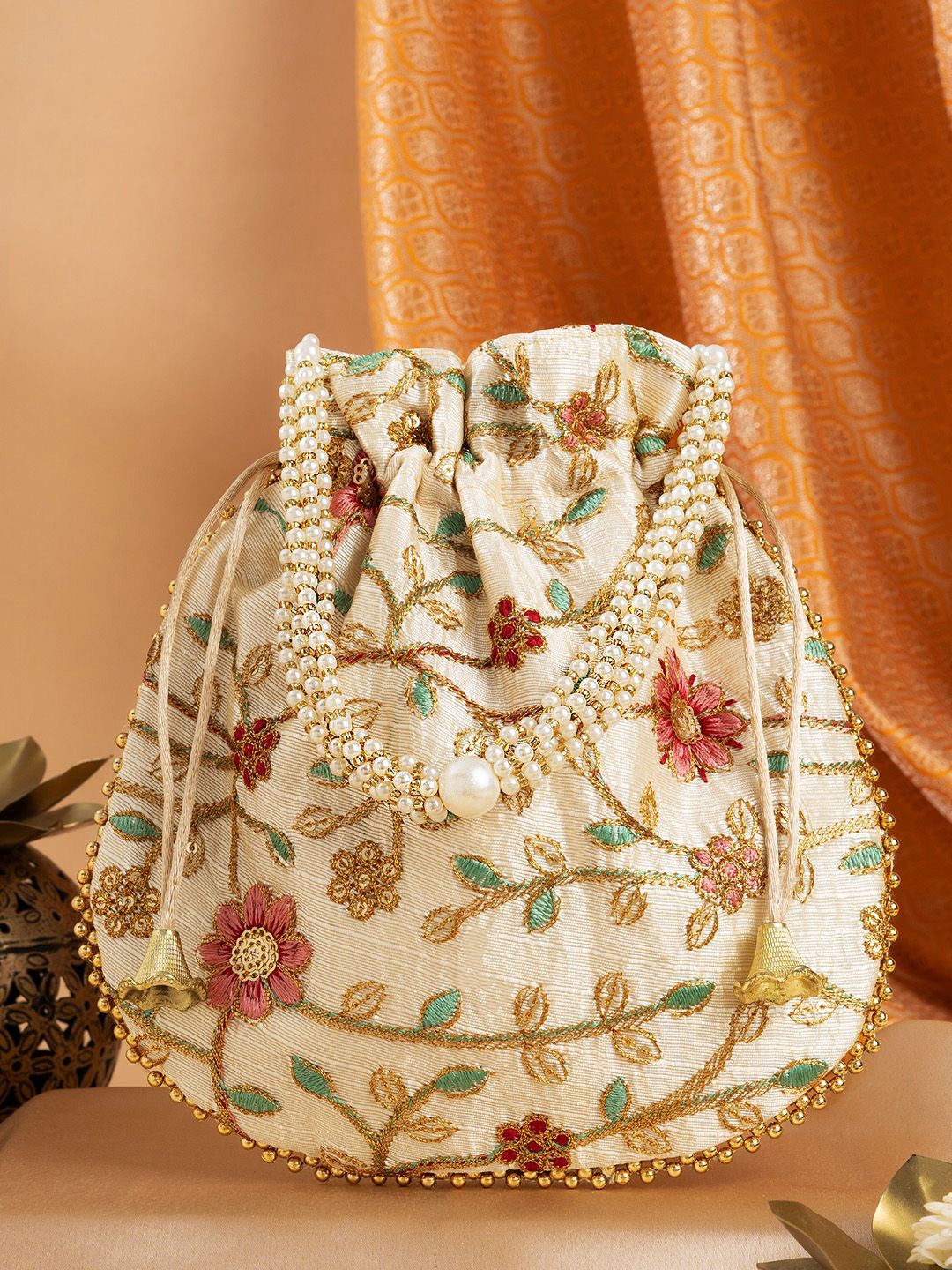 

TEEJH Embroidered Potli Clutch, Cream