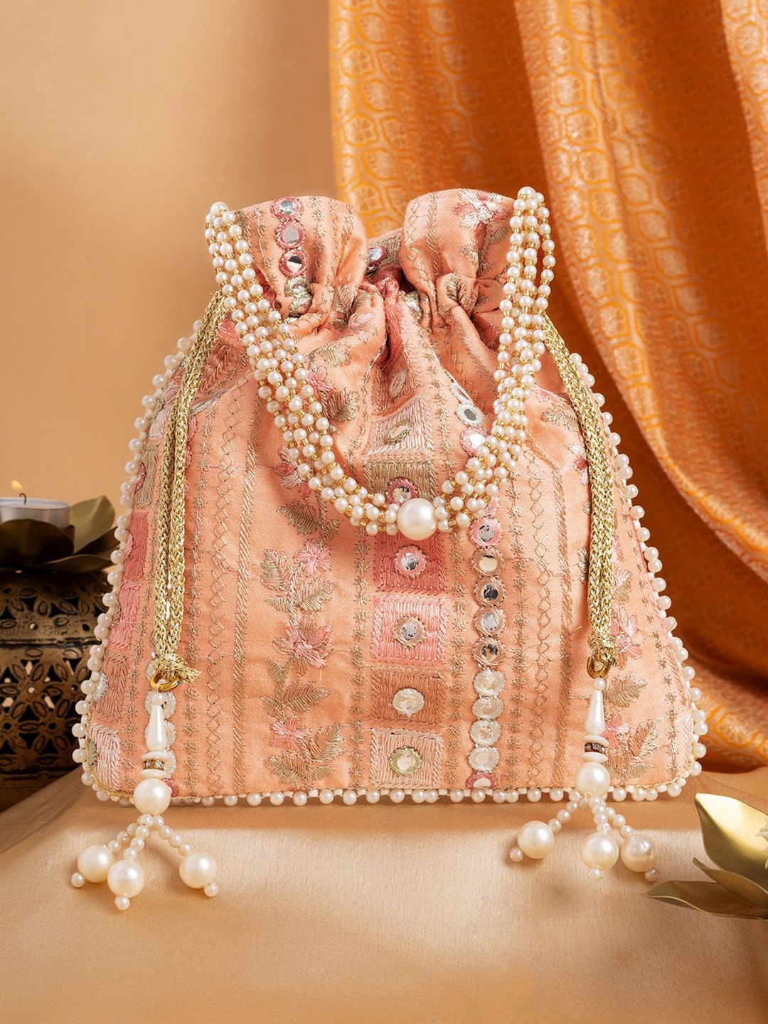 

TEEJH Embroidered Potli Clutch, Peach