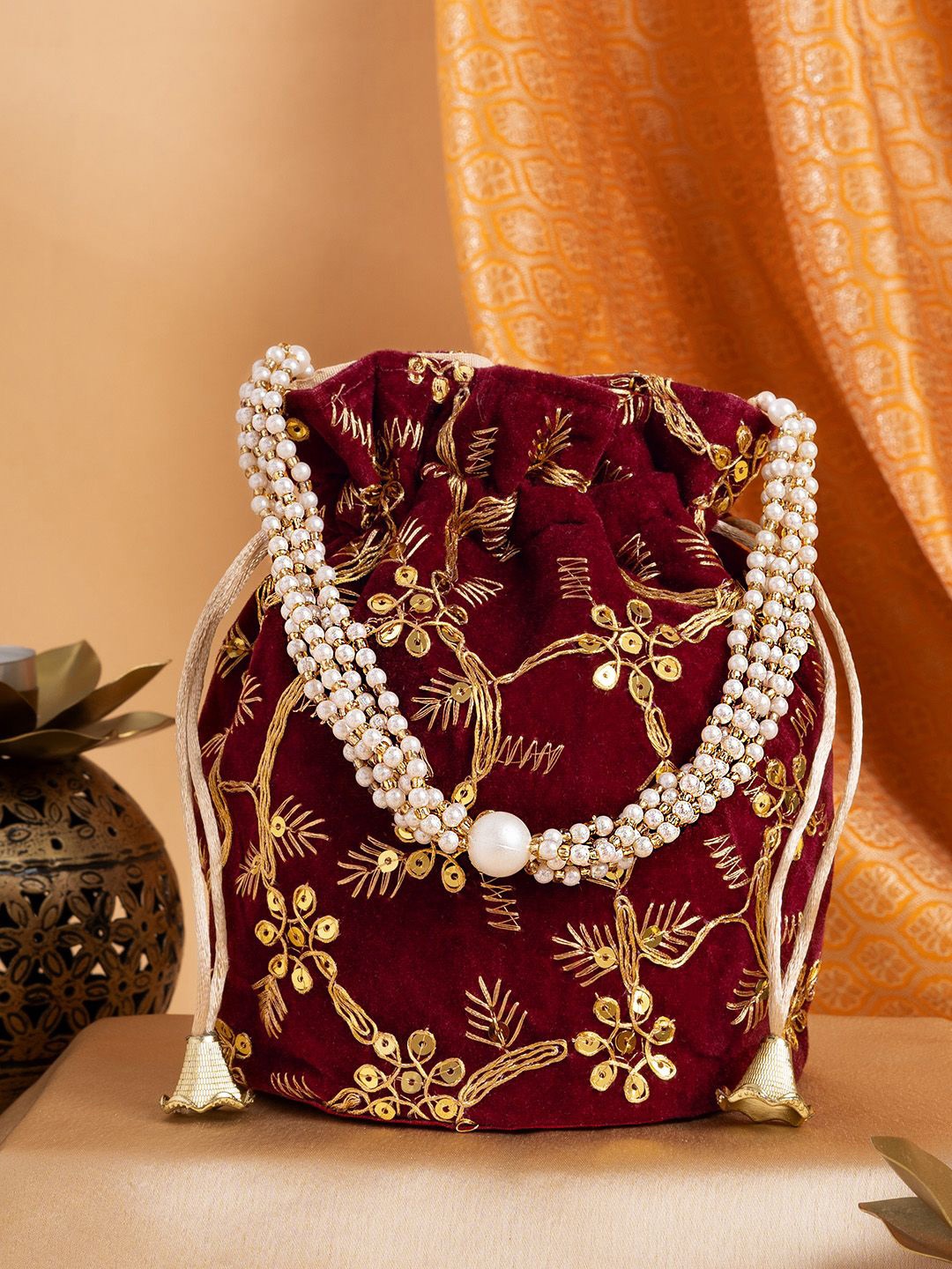 

TEEJH Embroidered Potli Clutch, Maroon