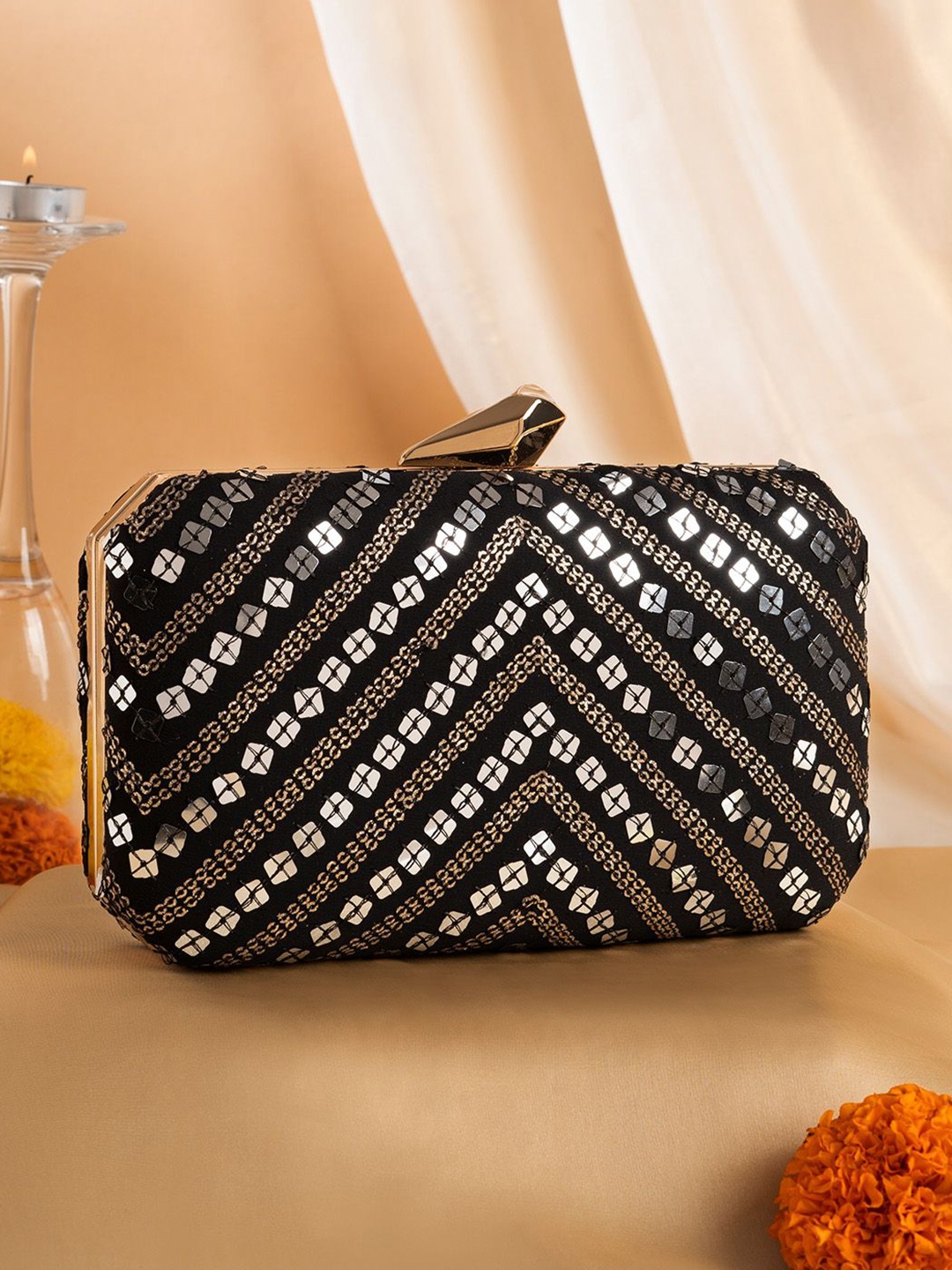 

TEEJH Embellished Box Clutch, Black