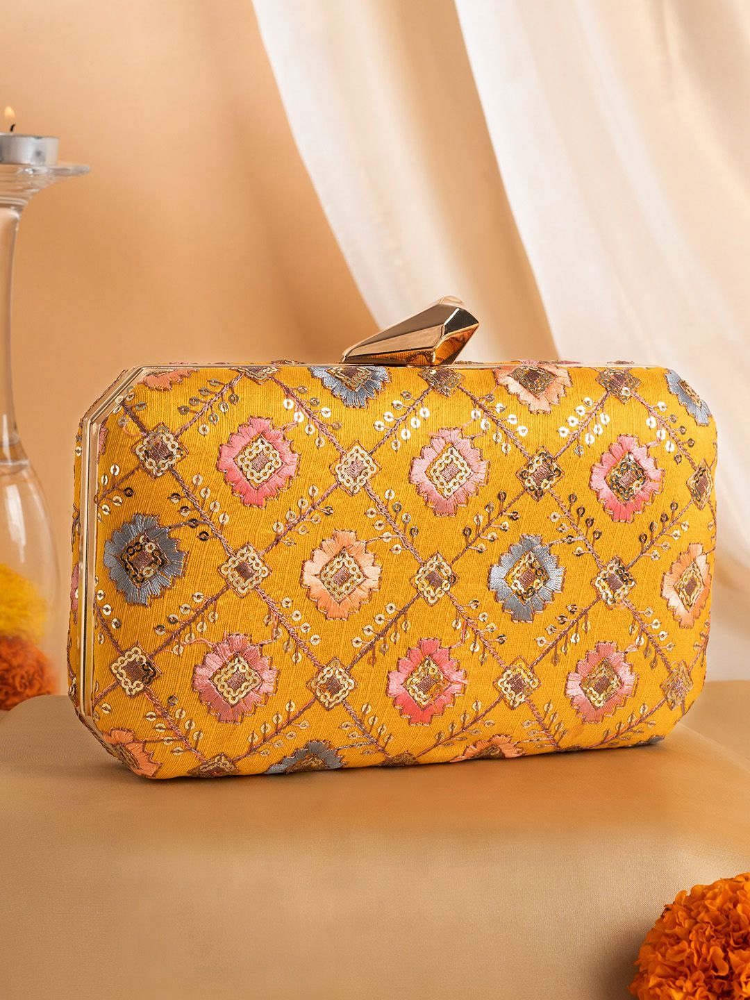 

TEEJH Embellished Box Clutch, Yellow
