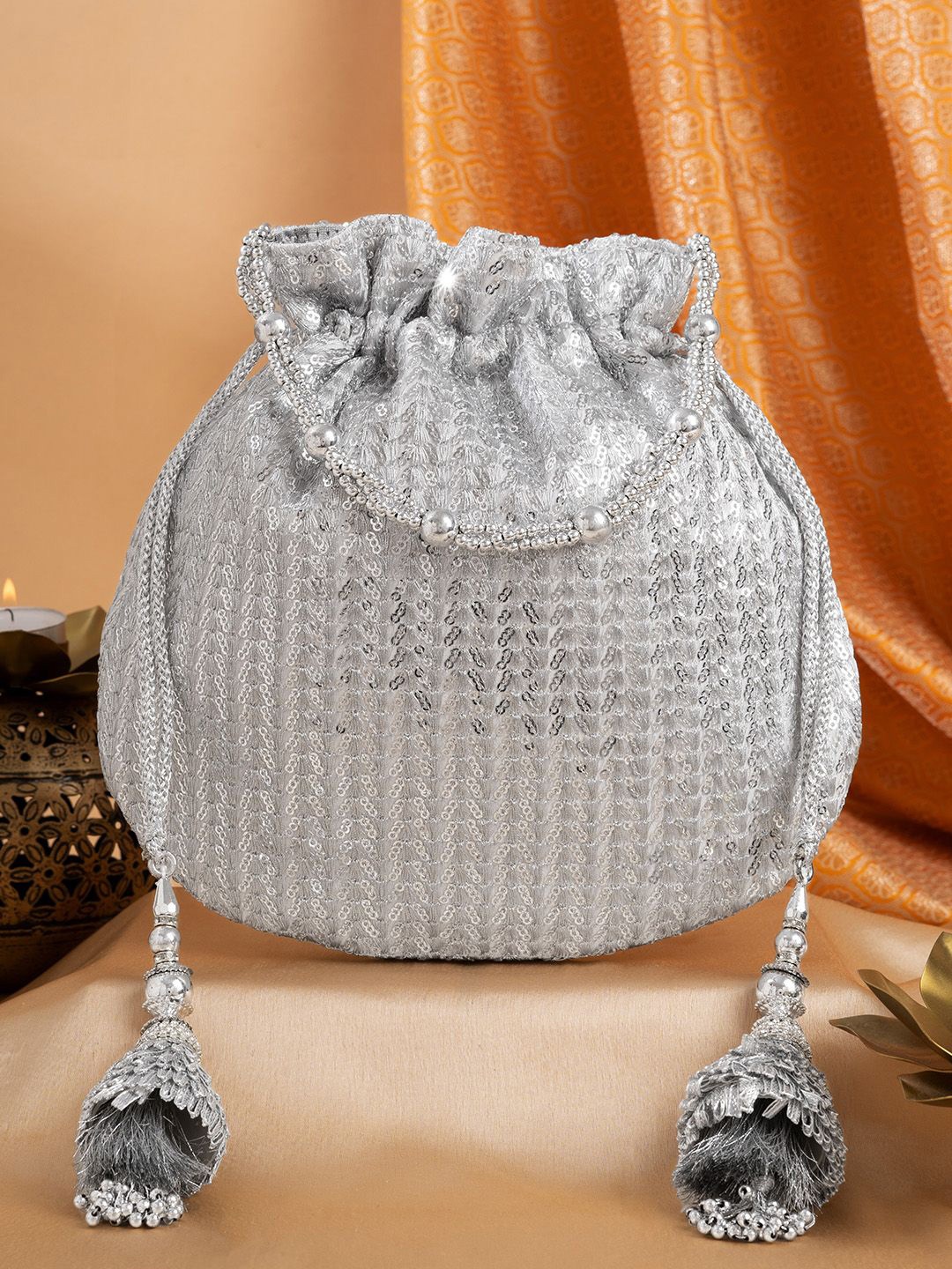 

TEEJH Embellished Potli Clutch, Silver