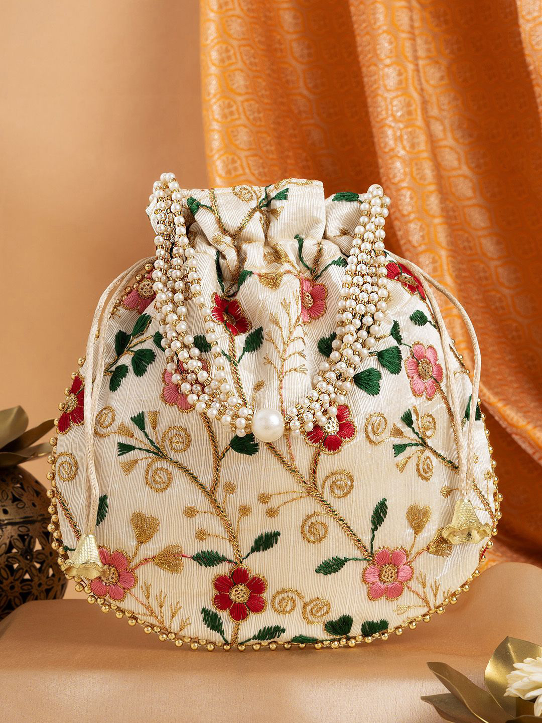 

TEEJH Embroidered Potli Clutch, Cream