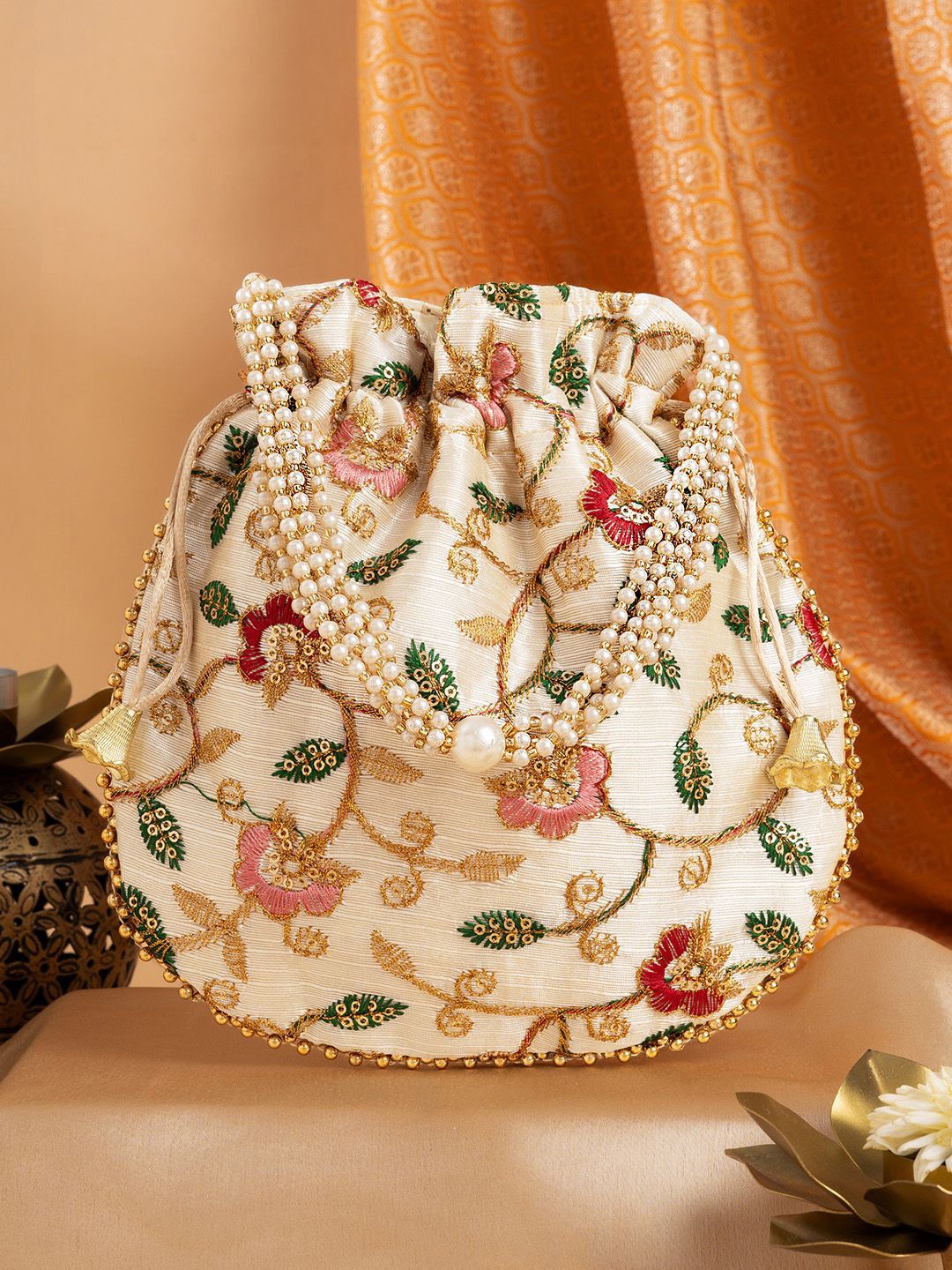 

TEEJH Embroidered Potli Clutch, Cream