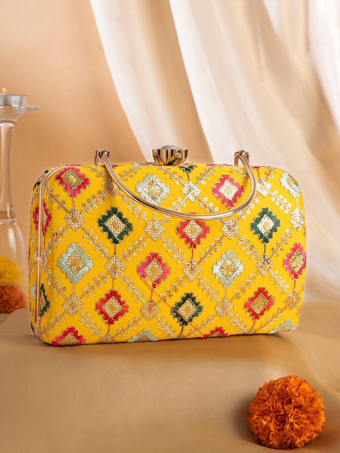 

TEEJH Embellished Box Clutch, Yellow