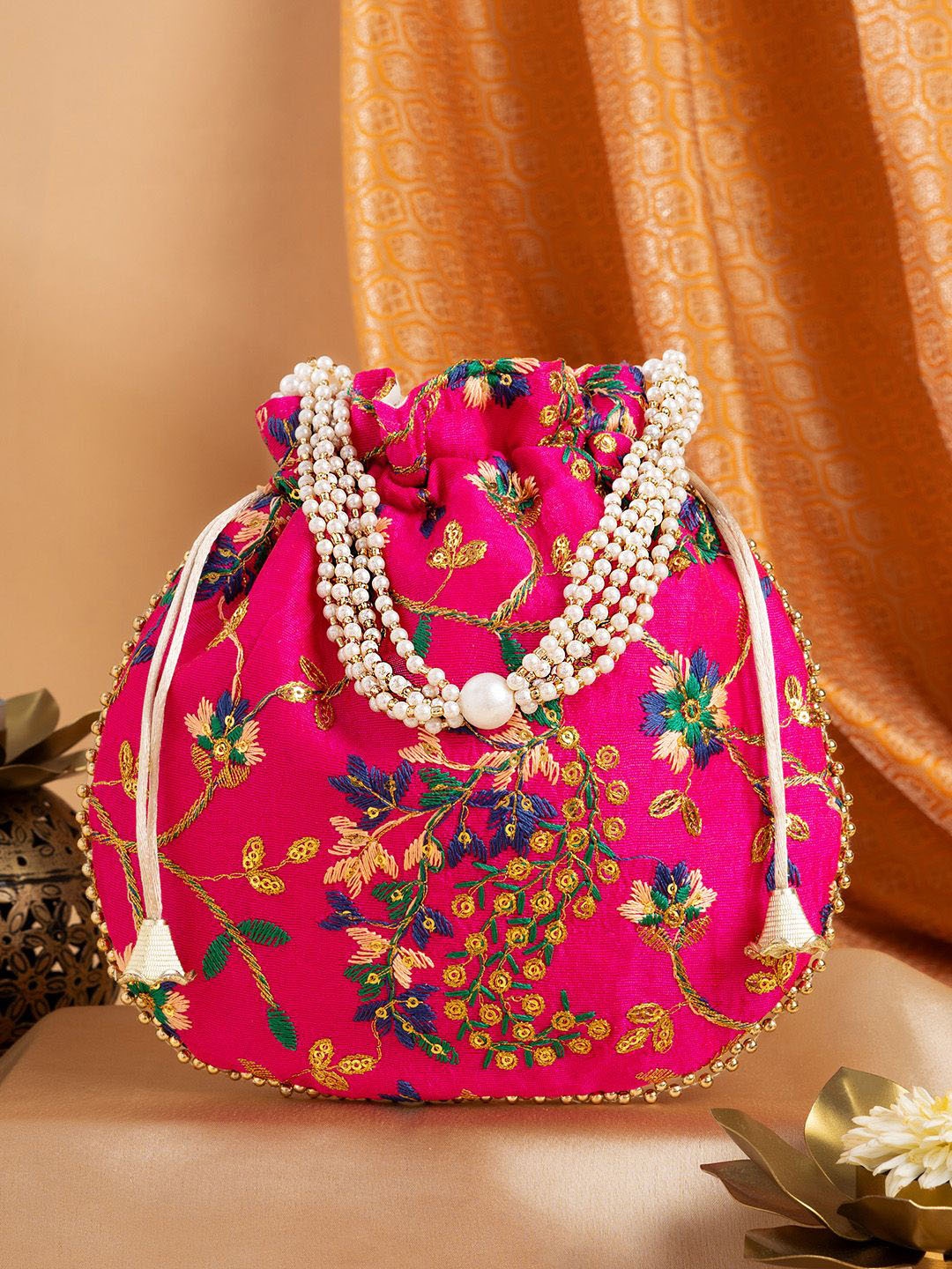 

TEEJH Embroidered Potli Clutch, Pink