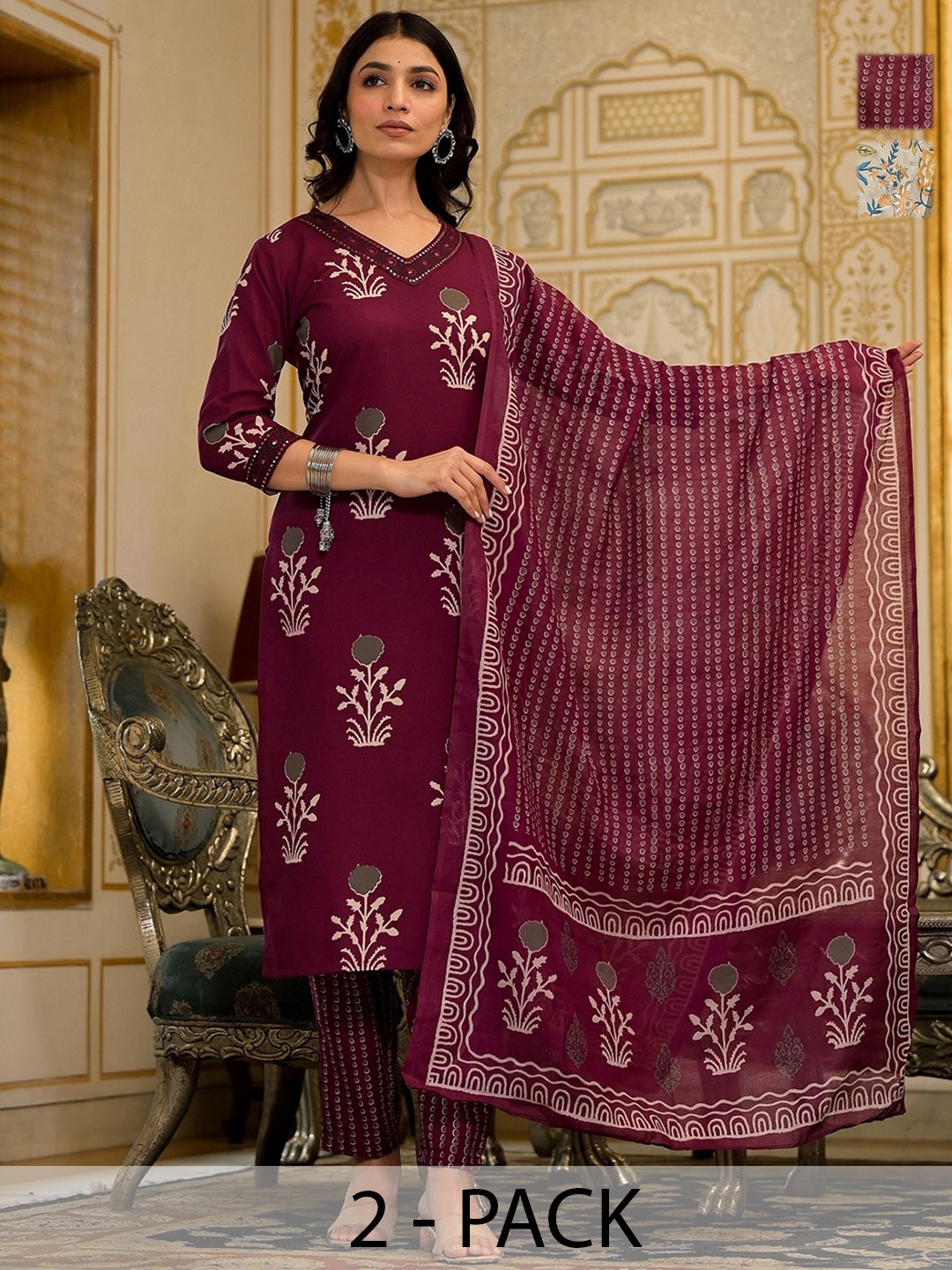 

KALINI Women Ethnic Motifs Printed Regular Kurta with Trousers & With Dupatta, Maroon