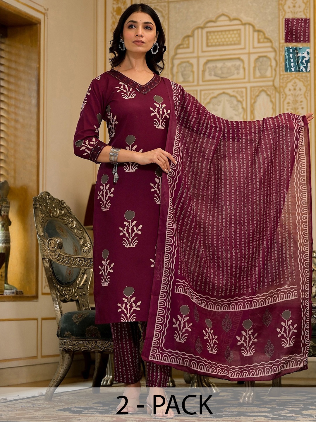 

KALINI Women Ethnic Motifs Printed Regular Kurta with Trousers & With Dupatta, Maroon