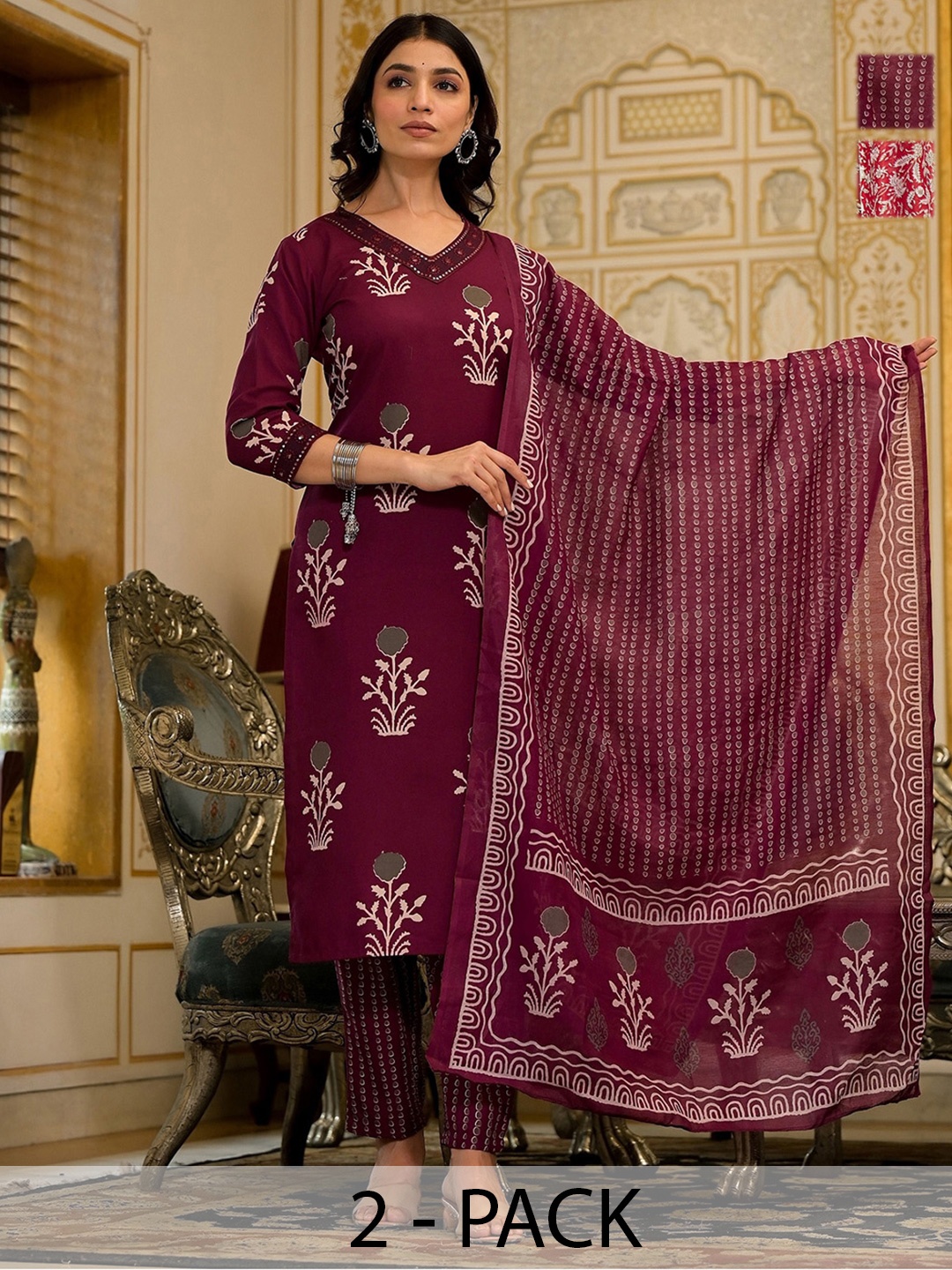 

KALINI Women Ethnic Motifs Printed Regular Kurta with Trousers & With Dupatta, Maroon