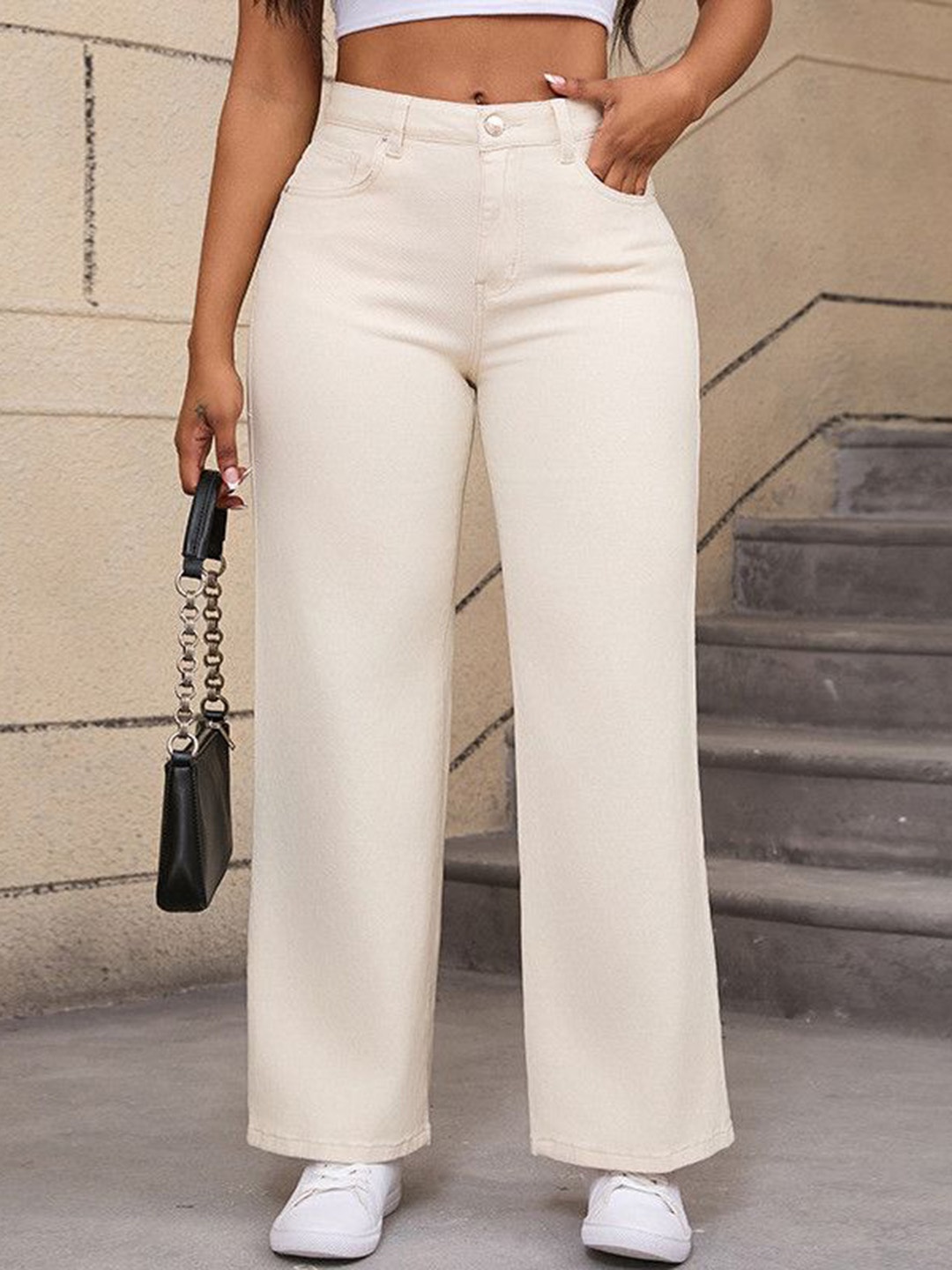 

The Roadster Lifestyle Co Women Cotton Slim-Fit Mid Rise Jeans, Cream