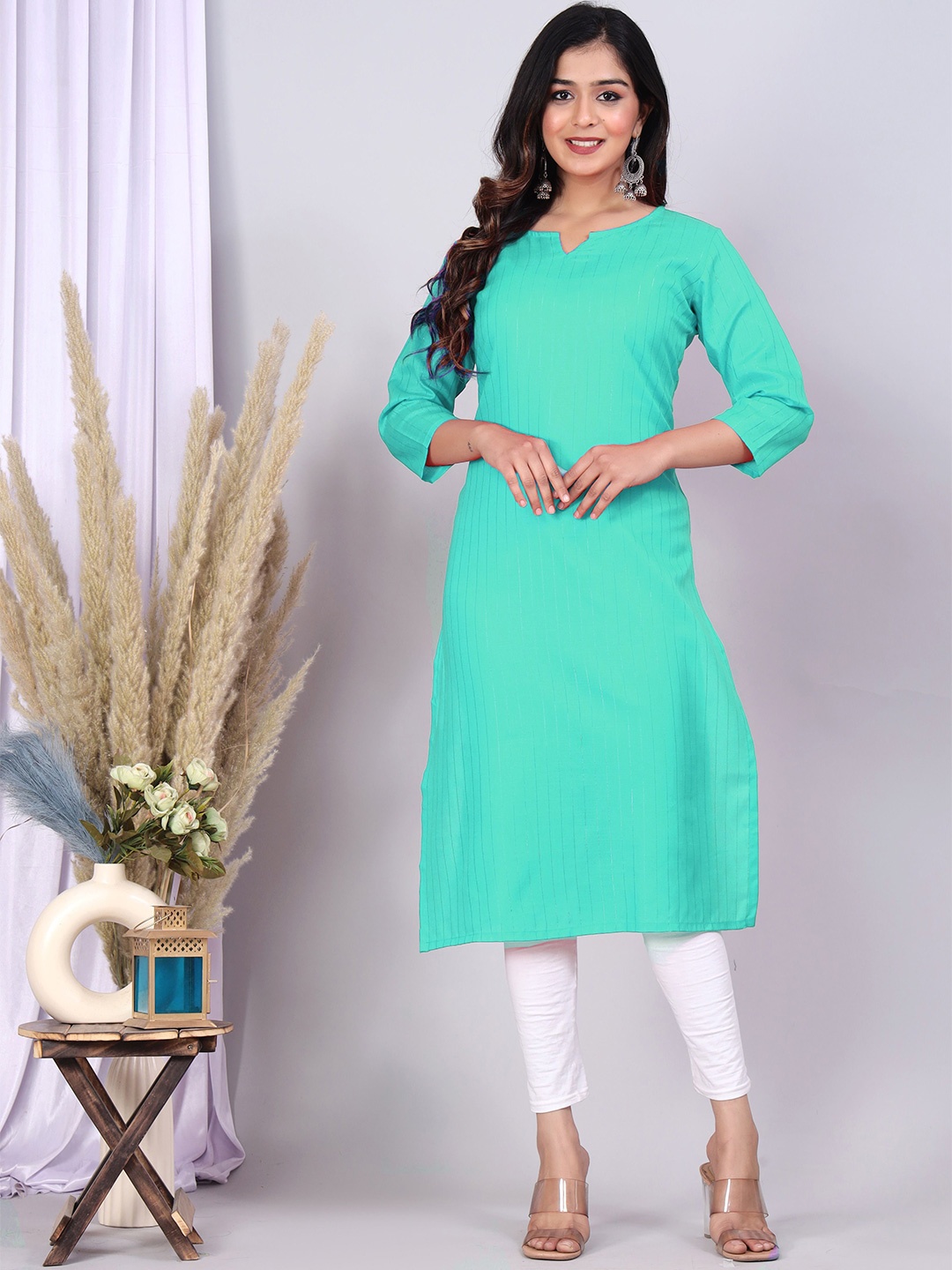 

MK3A Striped Notched Neck A-Line Kurta, Green