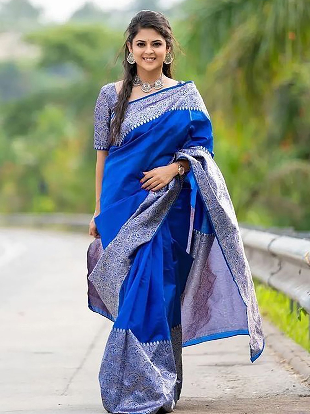 

Anjaneya Sarees Woven Design Zari Silk Blend Banarasi Saree, Blue