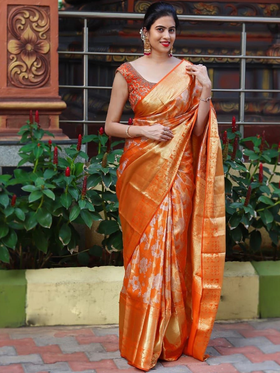 

Anjaneya Sarees Woven Design Zari Silk Blend Banarasi Saree, Orange