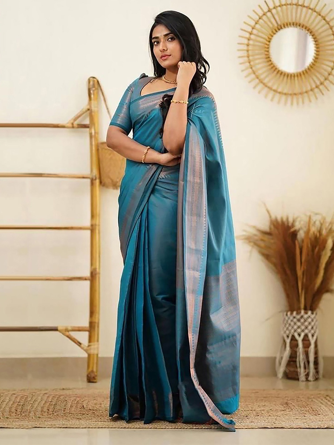 

Anjaneya Sarees Woven Design Zari Silk Blend Banarasi Saree, Teal