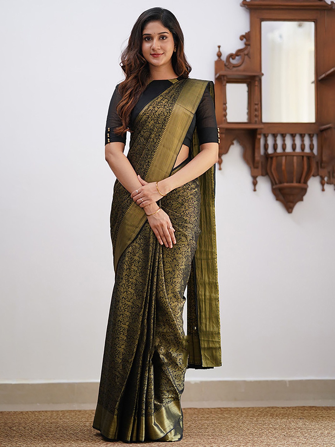 

Anjaneya Sarees Woven Design Zari Silk Blend Banarasi Saree, Black