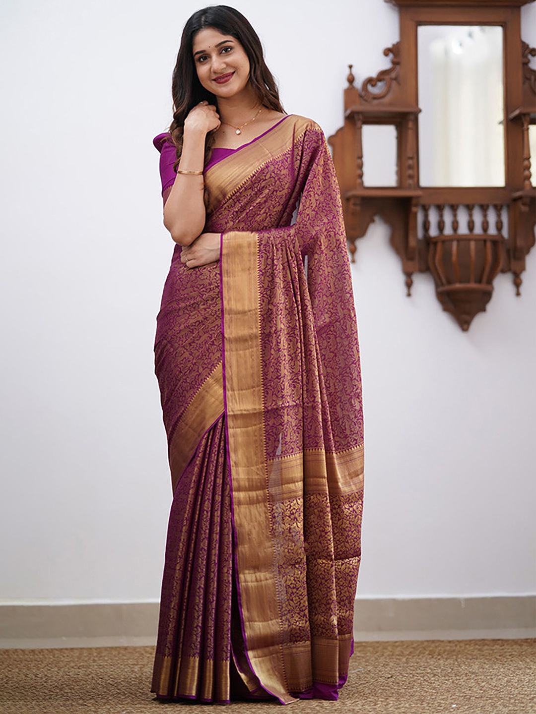 

Anjaneya Sarees Woven Design Zari Silk Blend Banarasi Saree, Purple